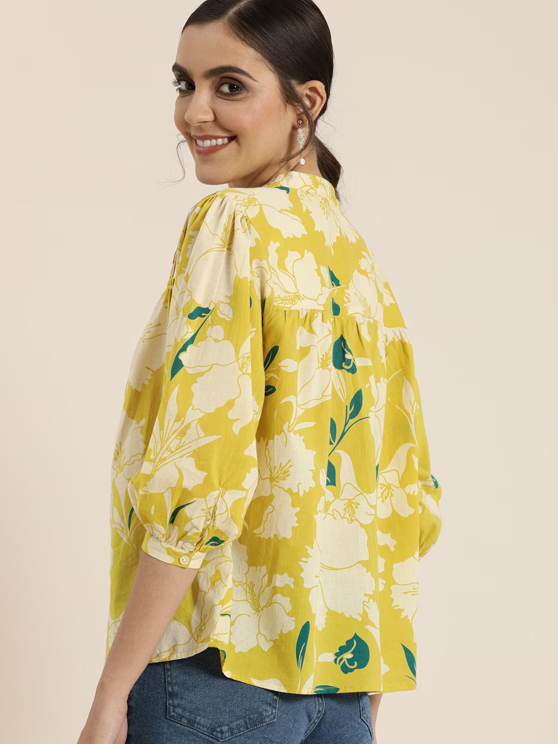 Yellow Cotton Printed Top for Women - Image 3