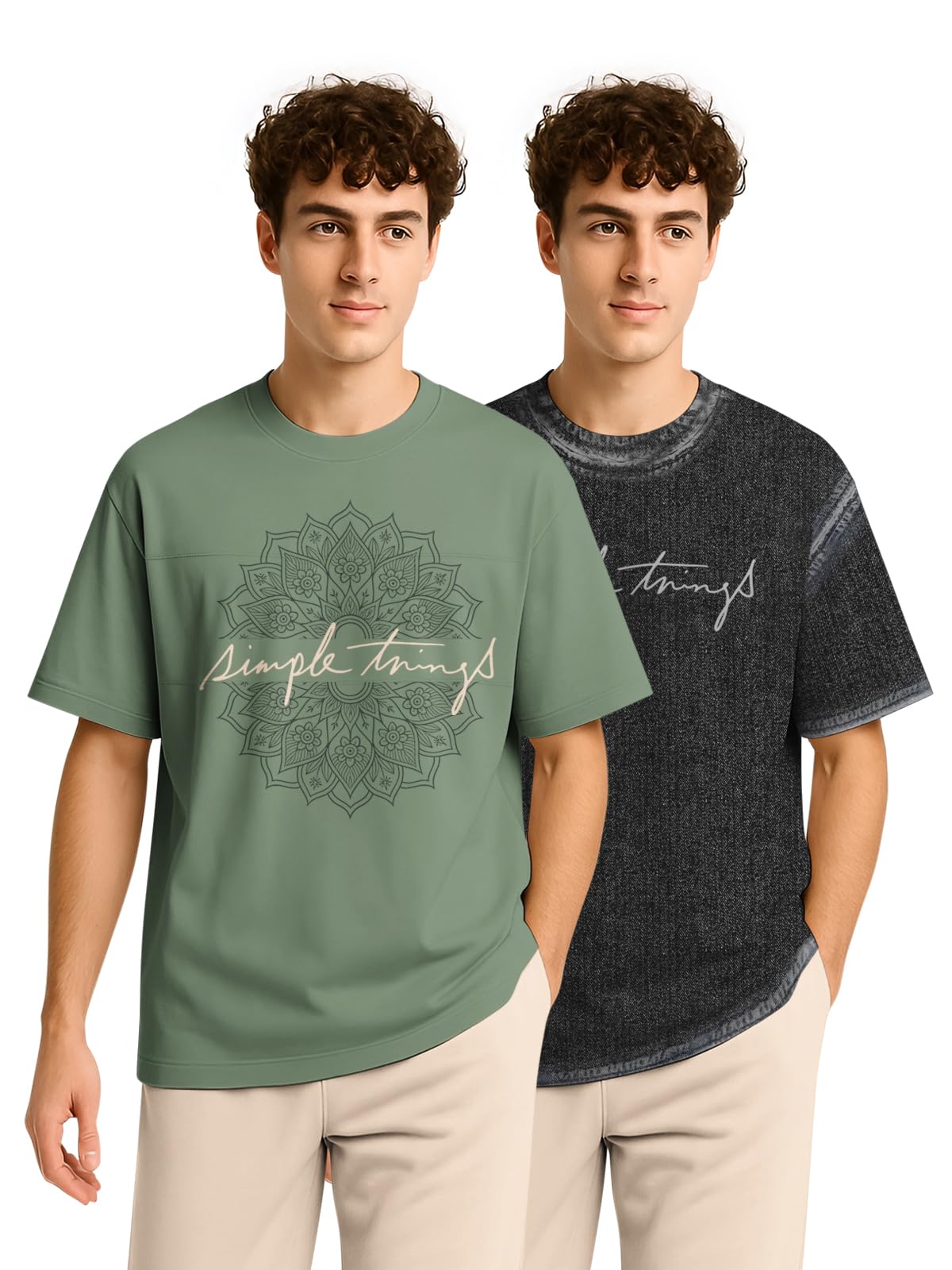 BULLMER Men's Cotton T-Shirt - Olive/Denim Black