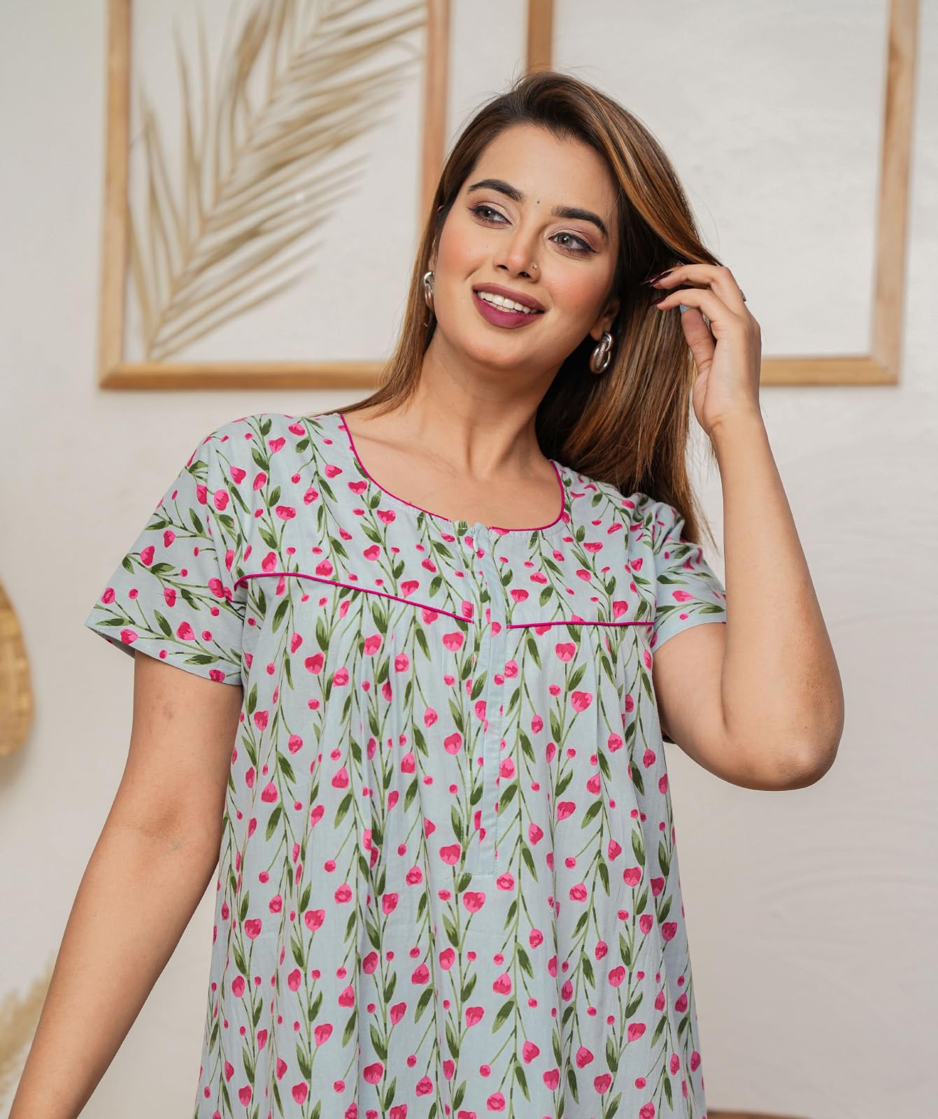 Urali Grey Cotton Night Gown for Women - Image 3