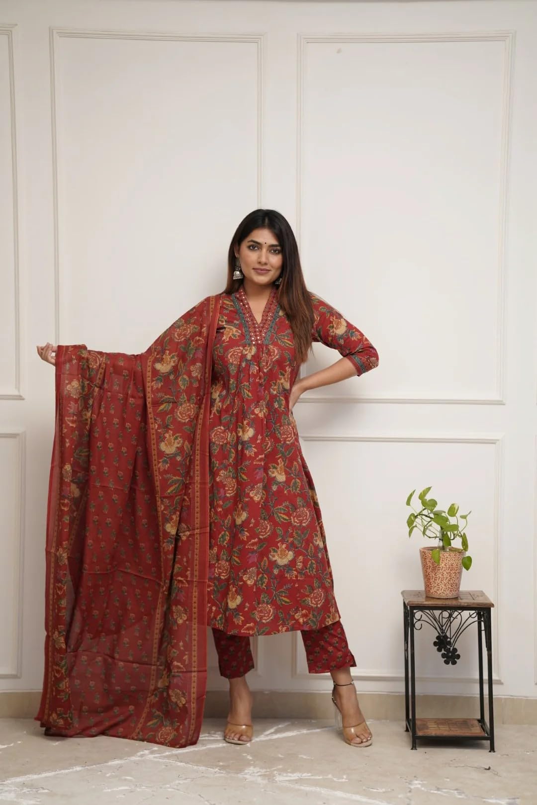 FABNEX Kurta Pant and Dupatta Set for Women - Red - Image 5