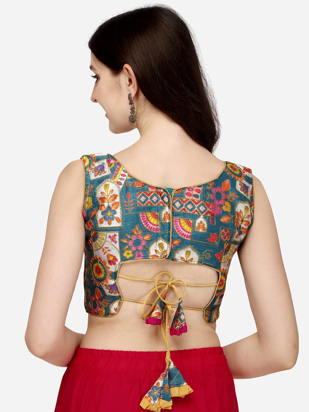 Pujia Mills Phantom Silk Floral Sleeveless Saree Blouse - Sky Blue - Image 2