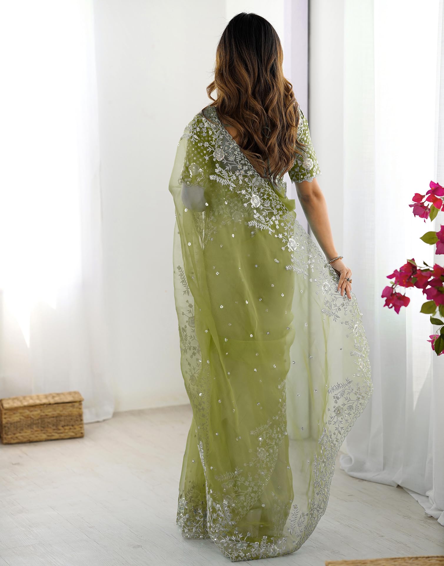 SIRIL Women's Organza Saree - Green - Image 5