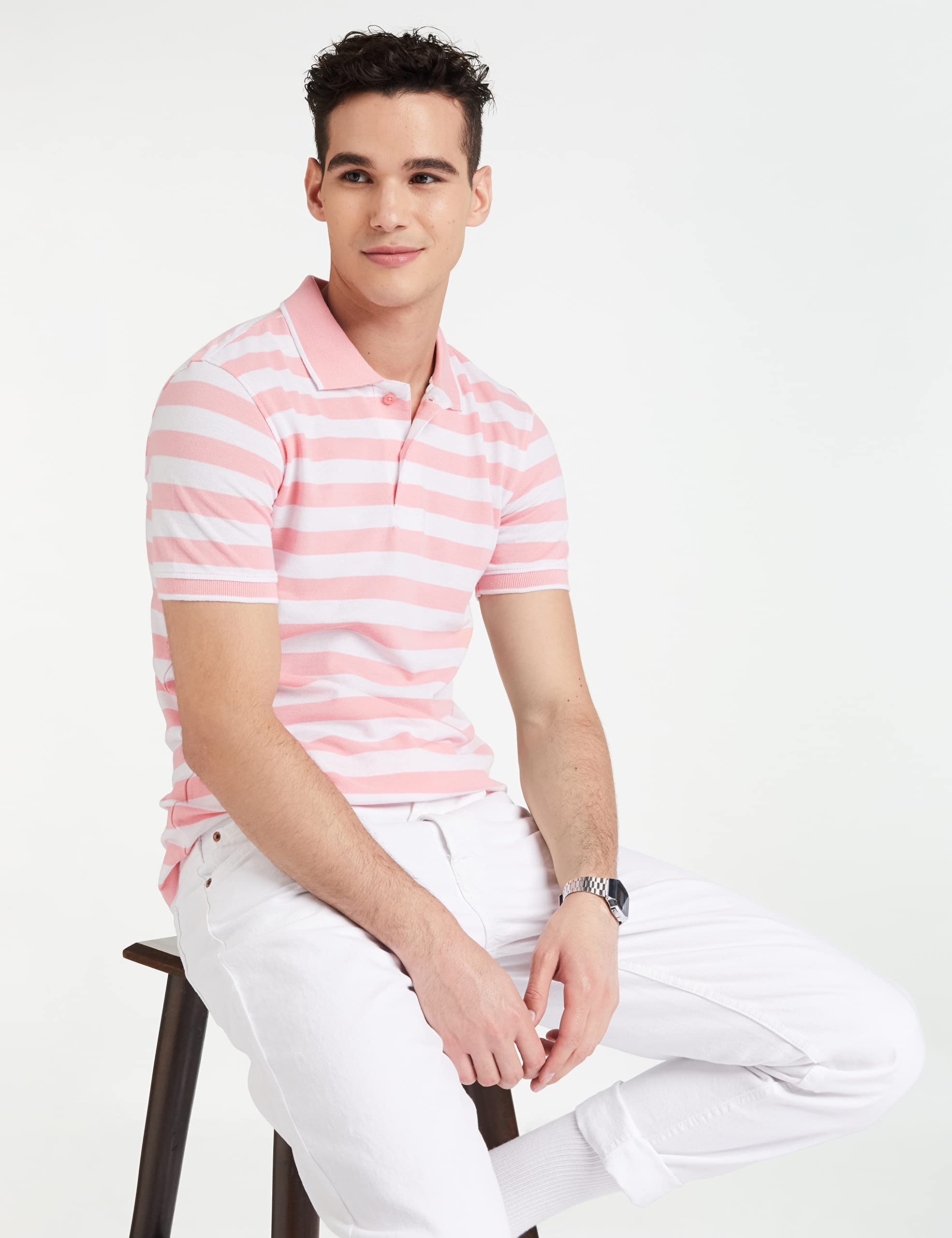 Symbol Men's Striped Polo Shirt - Pink & White - Image 3