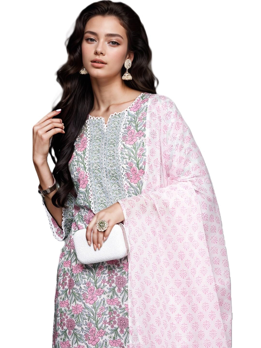 Arayna Women's Cotton Block Printed Kurta Set - Pink