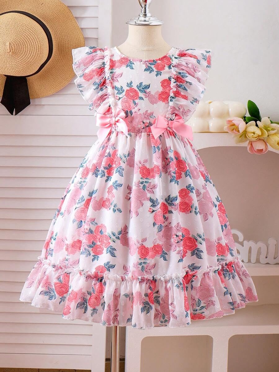 TAGAS Heart Pattern Georgette Dress for Girls - White & Red - Image 3