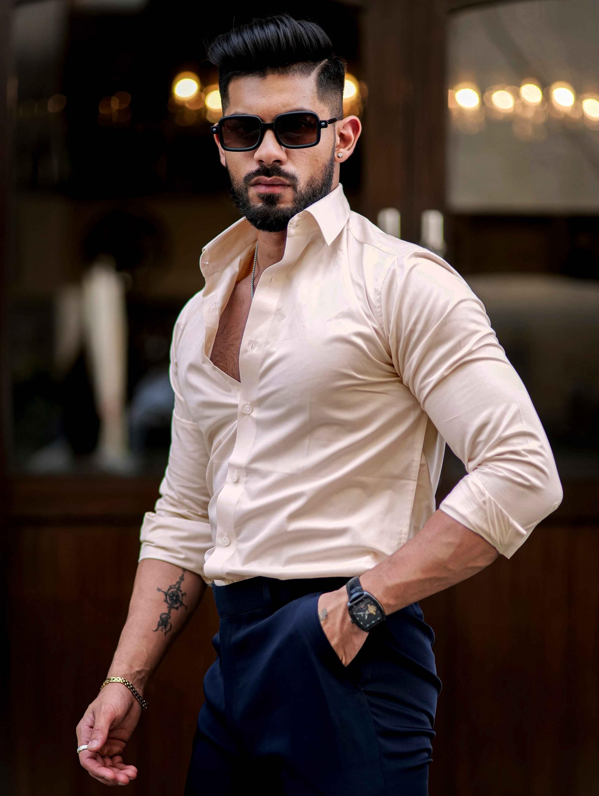 IndoPrimo Men's Cream Satin Casual Shirt - Image 4