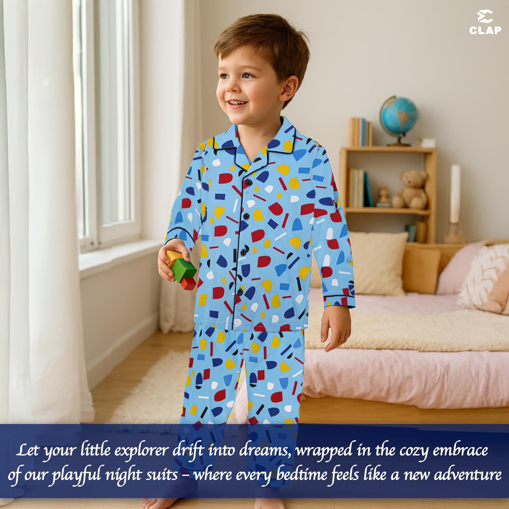 CLAP Kids Cotton Printed Night Suit - Sky Blue - Image 5