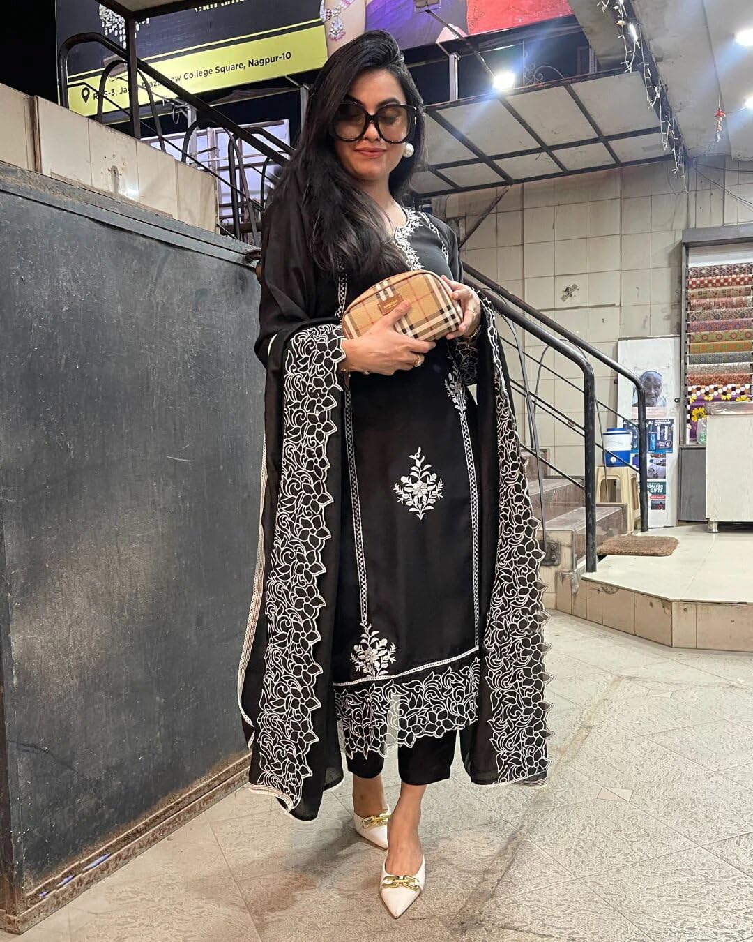 GoSriKi Women's Rayon Kurta with Pant & Dupatta - Black - Image 2