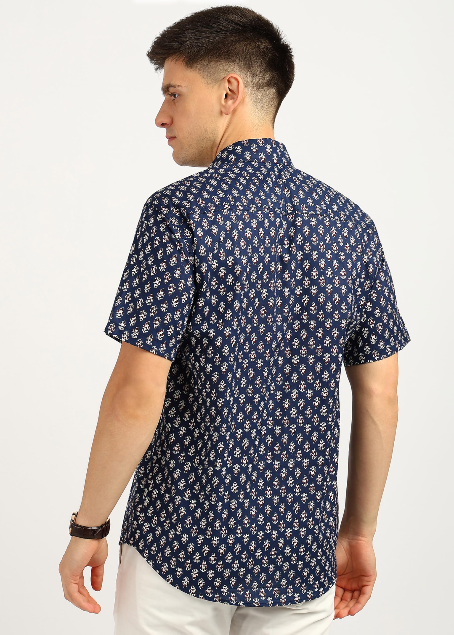 BLOCKS OF INDIA Men's Hand Block Printed Cotton Shirt - Blue Red Buti - Image 4