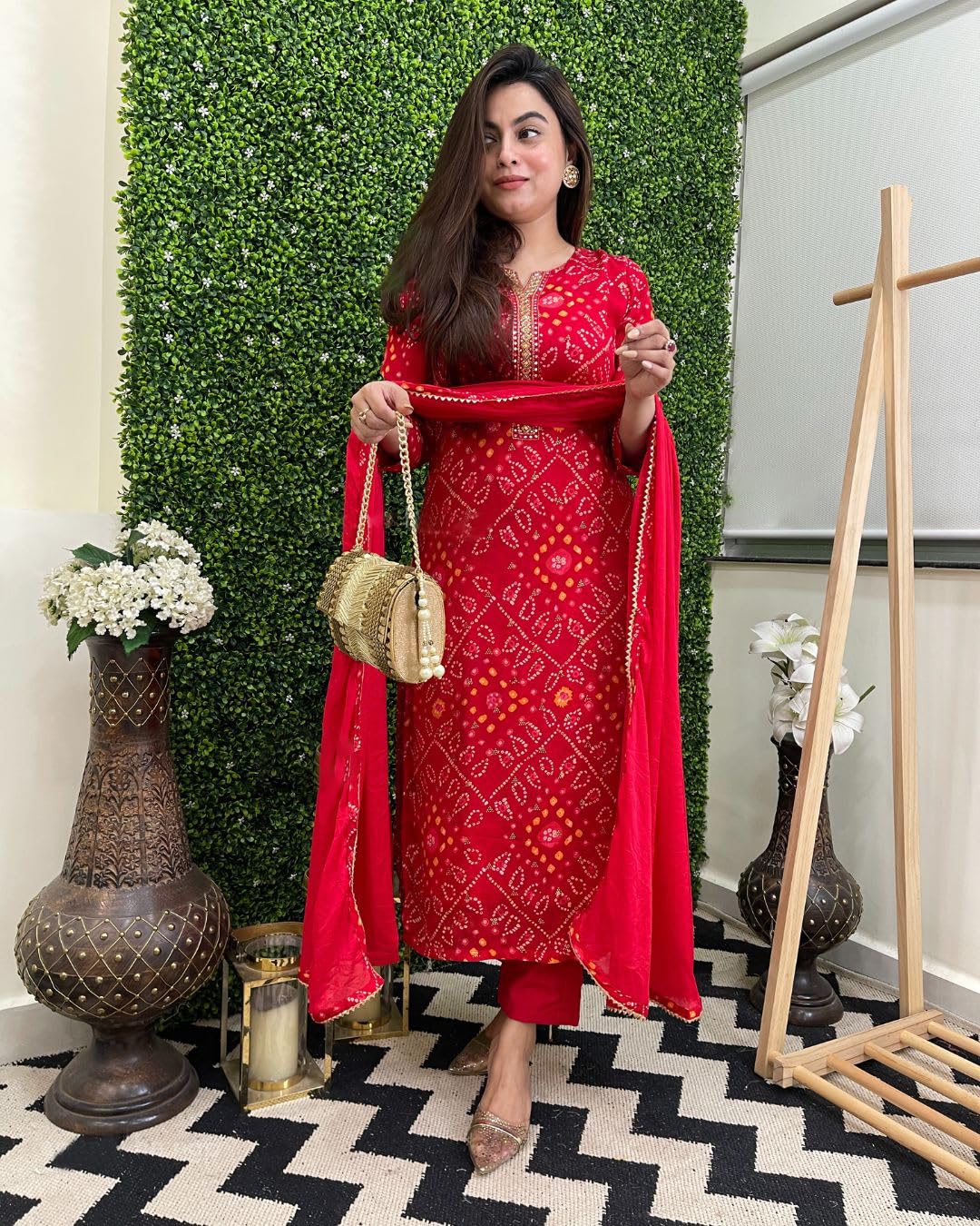 GoSriKi Red Rayon Bandhani Kurta Set - Image 5