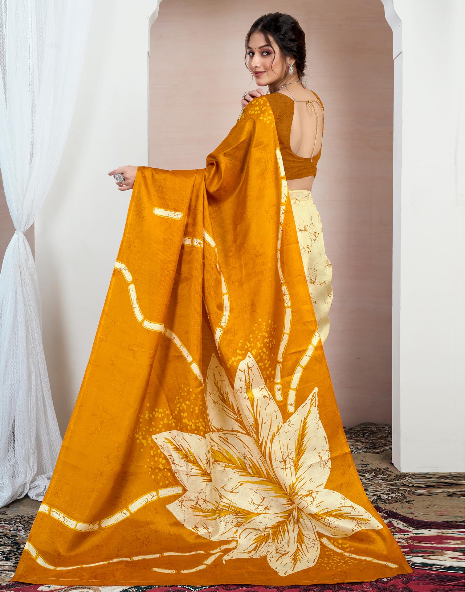 SIRIL Women's Cotton Floral Printed Saree - Yellow - Image 4