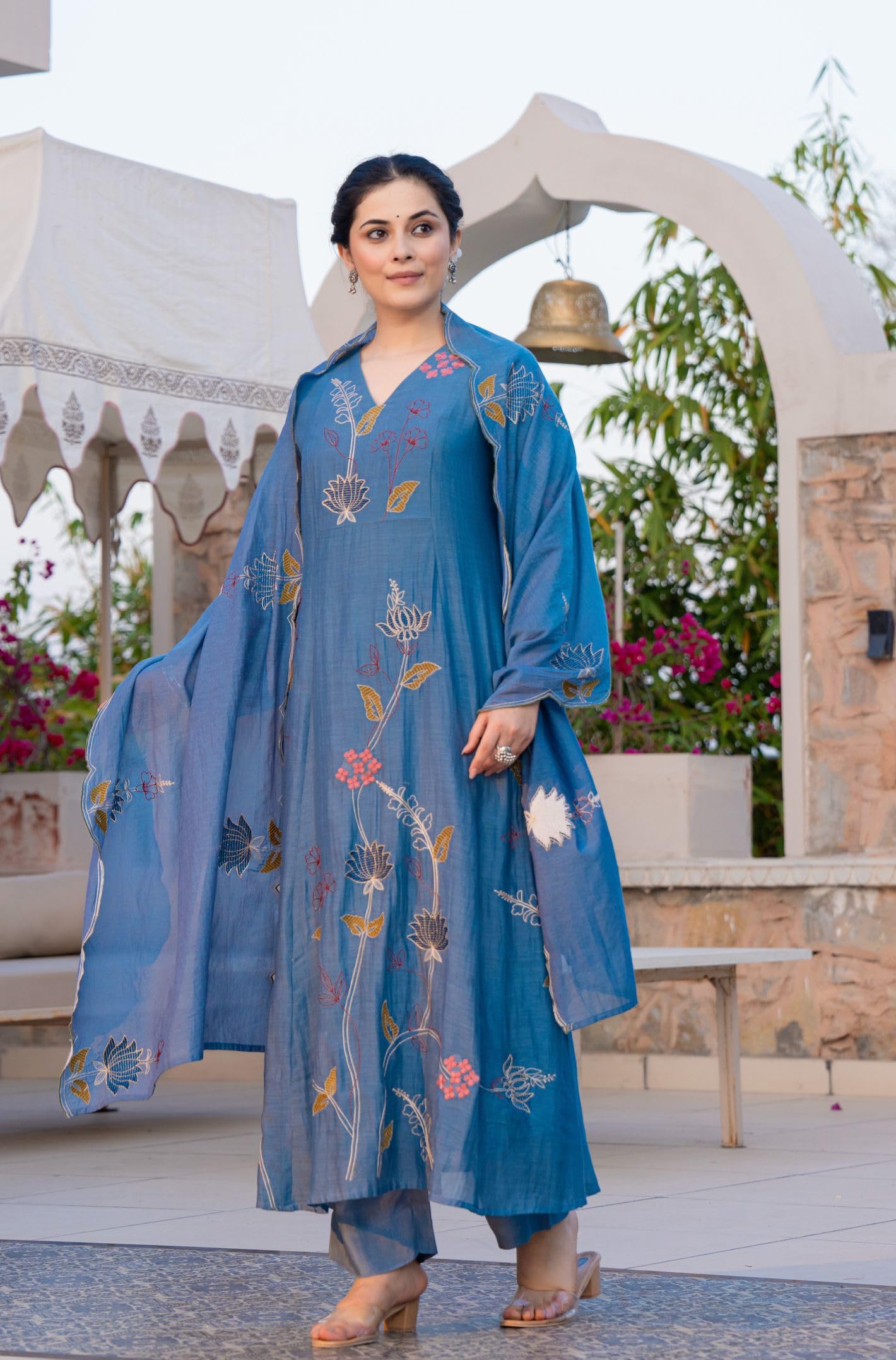 GoSriKi Blue Chanderi Cotton Embroidered Anarkali Kurta Set for Women - Image 5