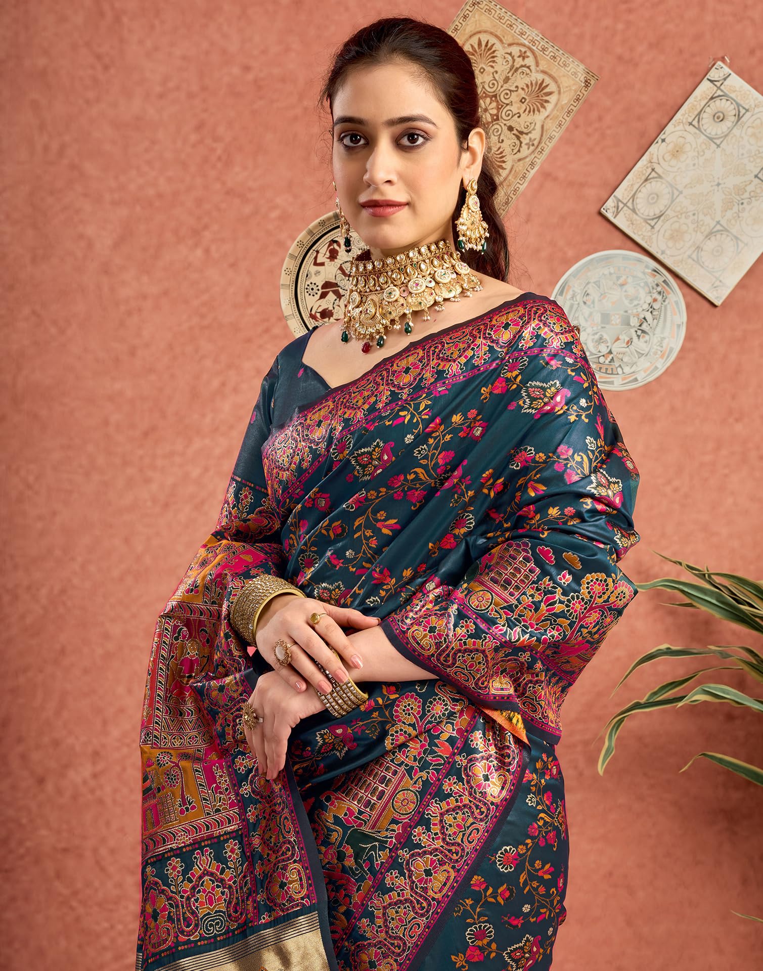 SIRIL Women's Silk Kashmiri Minakari Jacquard Saree - Rama Blue - Image 5