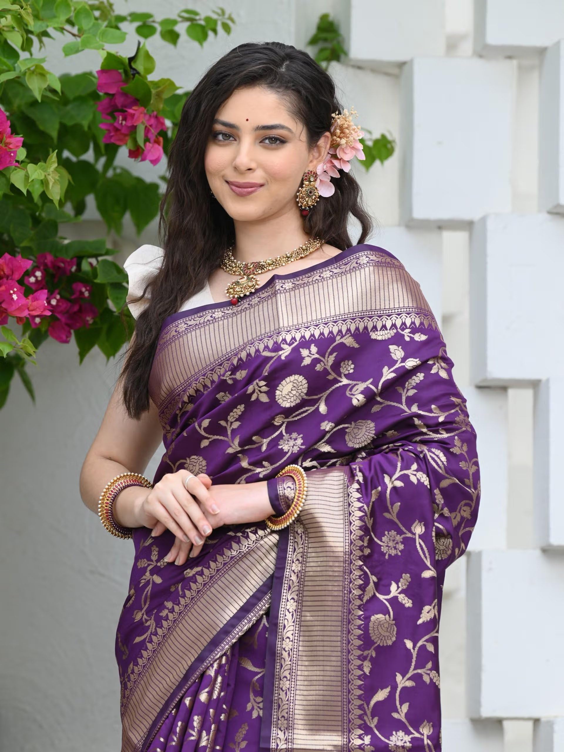 Sugathari Banarasi Saree - Purple Art Silk Zari Border - Image 5