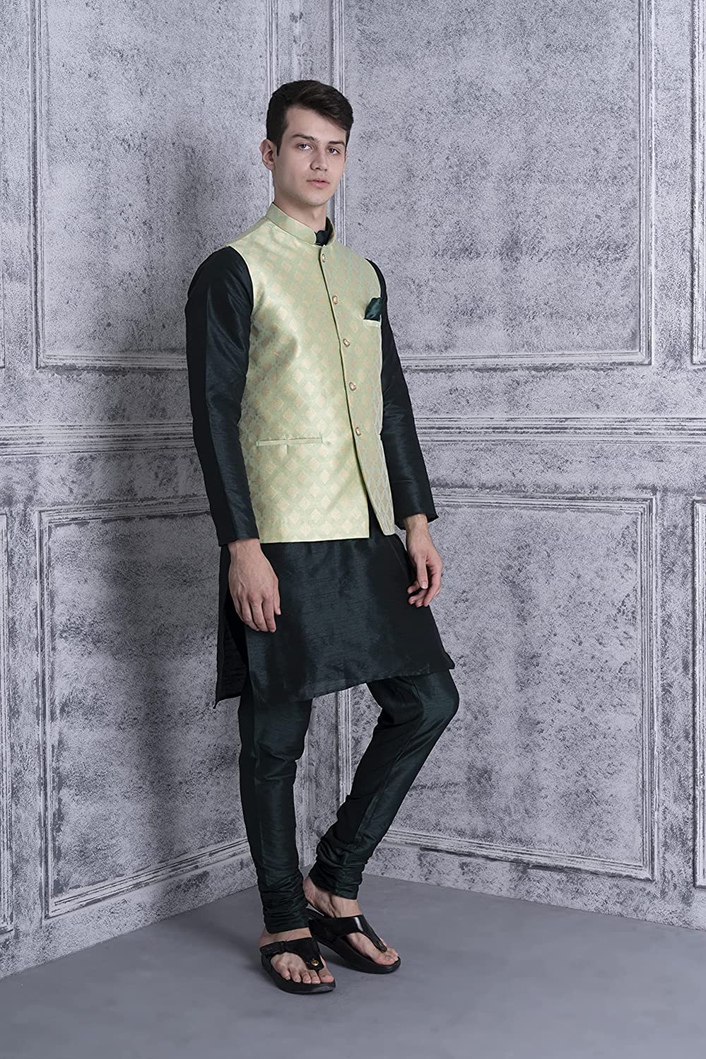 Uri Men Silk Blend Kurta Pajama with Nehru Jacket - Image 2