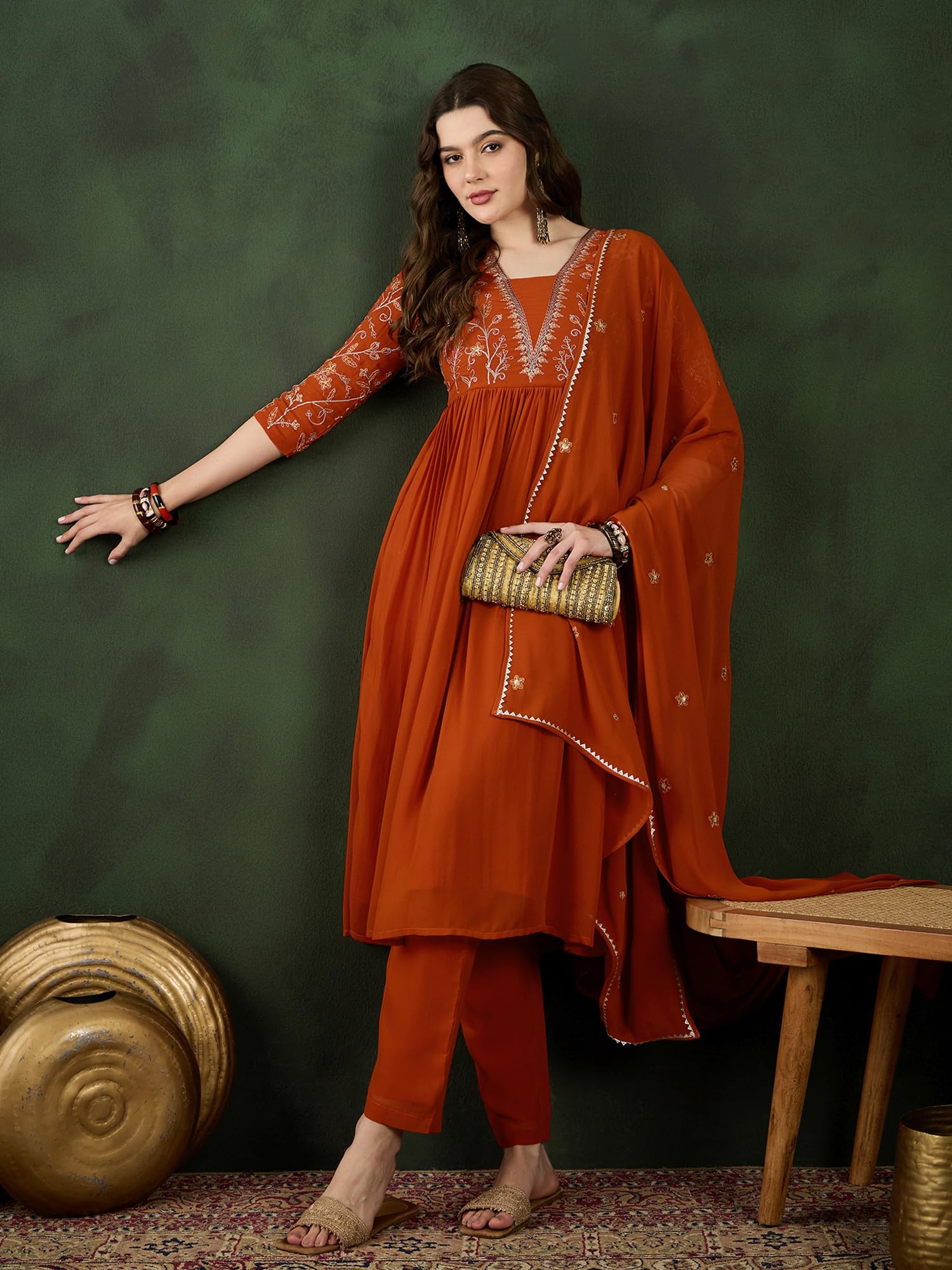SheWill Orange Georgette Naira Cut Kurta - Image 2