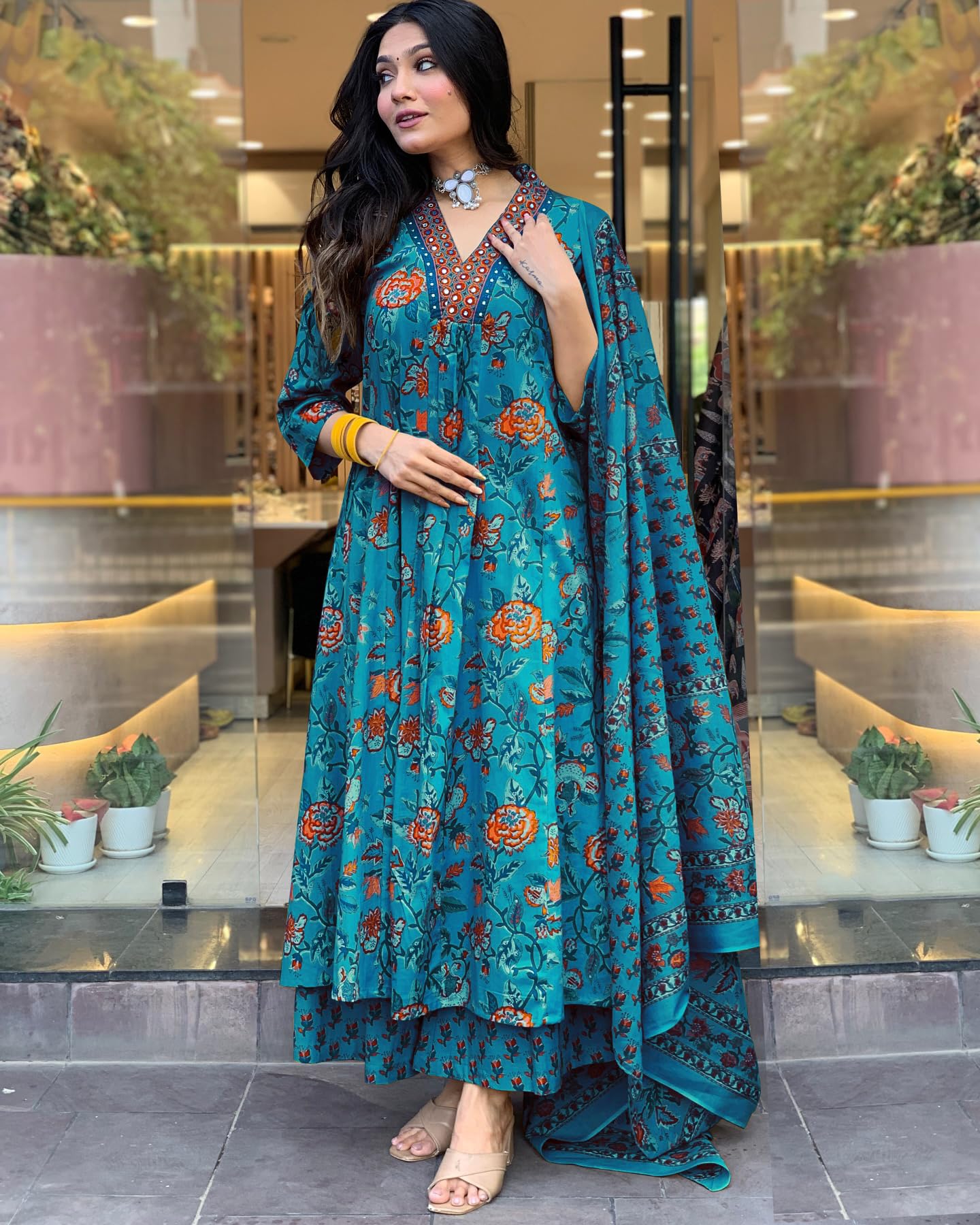 GoSriKi Women's Anarkali Kurta with Palazzo & Dupatta - Sky Blue - Image 2