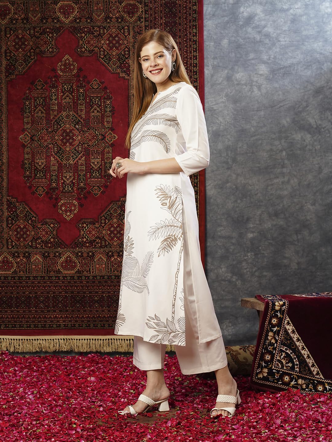 GoSriKi Cream Cotton Kurta Pant Set for Women - Image 3