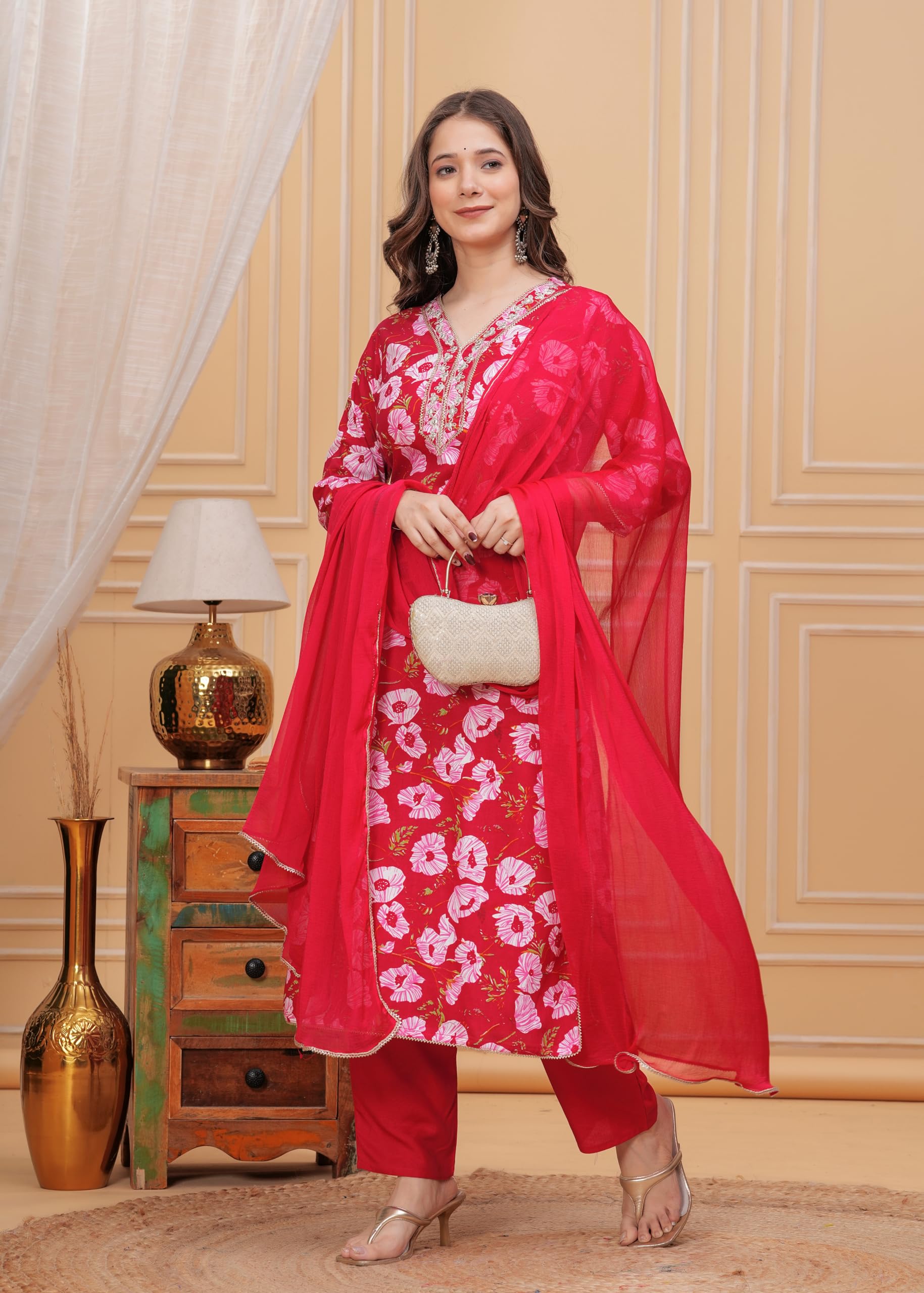 MANHAREE Women Rayon Printed Kurta Set - Pink Red - Image 2