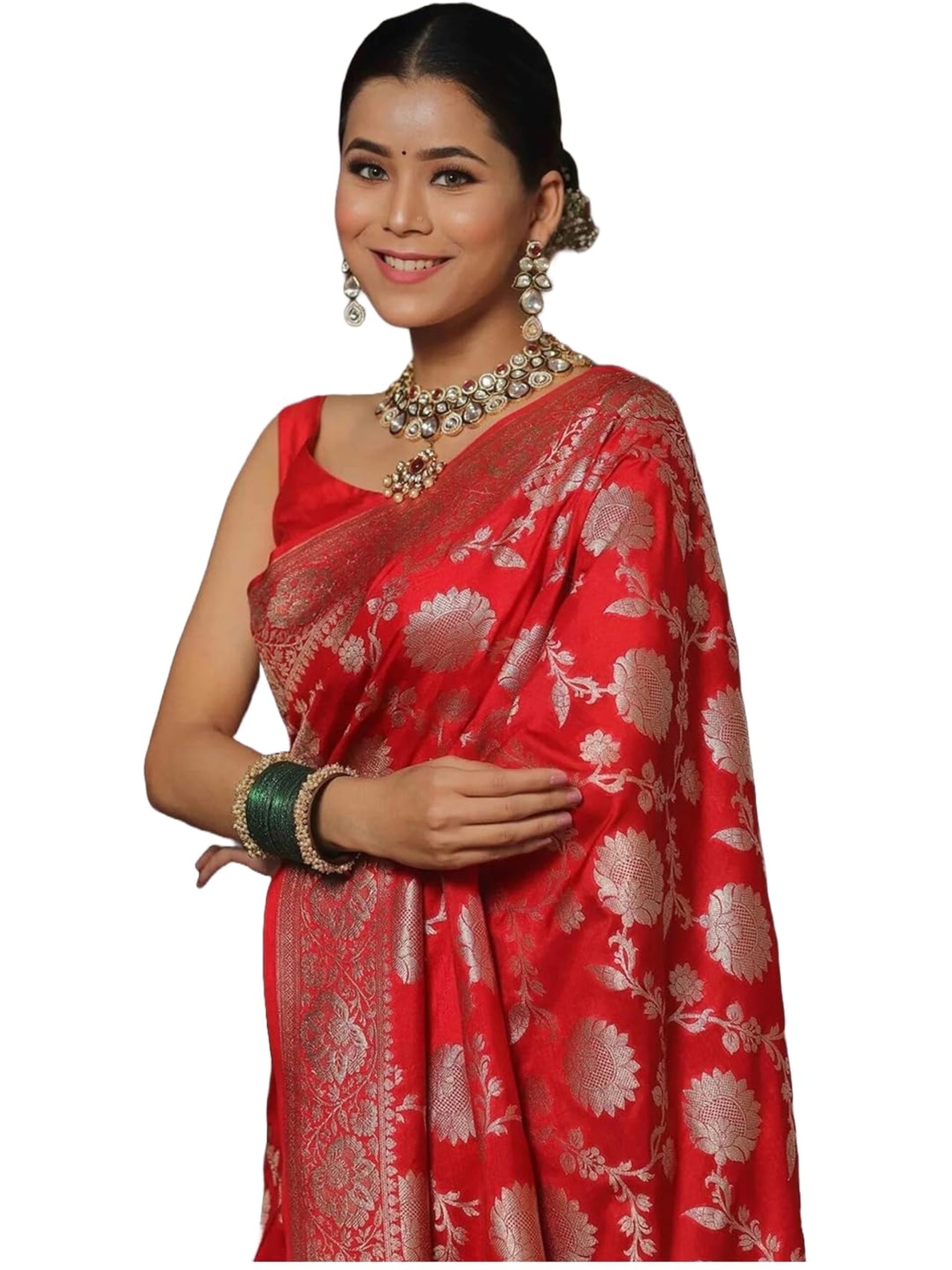 Fratona Women's Kanjivaram Soft Silk Saree - Red