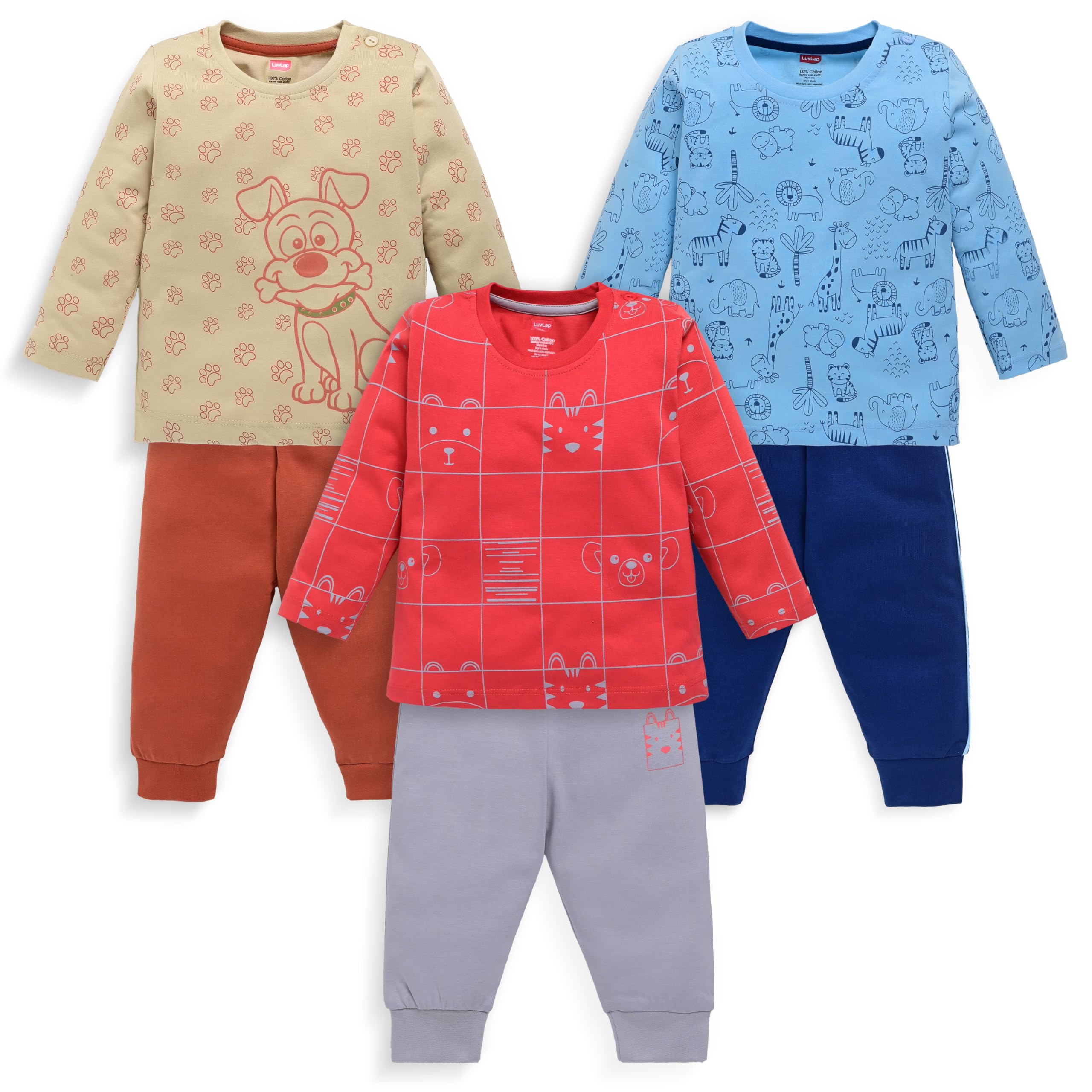 LuvLap Baby Boys Cotton T-Shirt & Pyjama Sets - Beige, Red