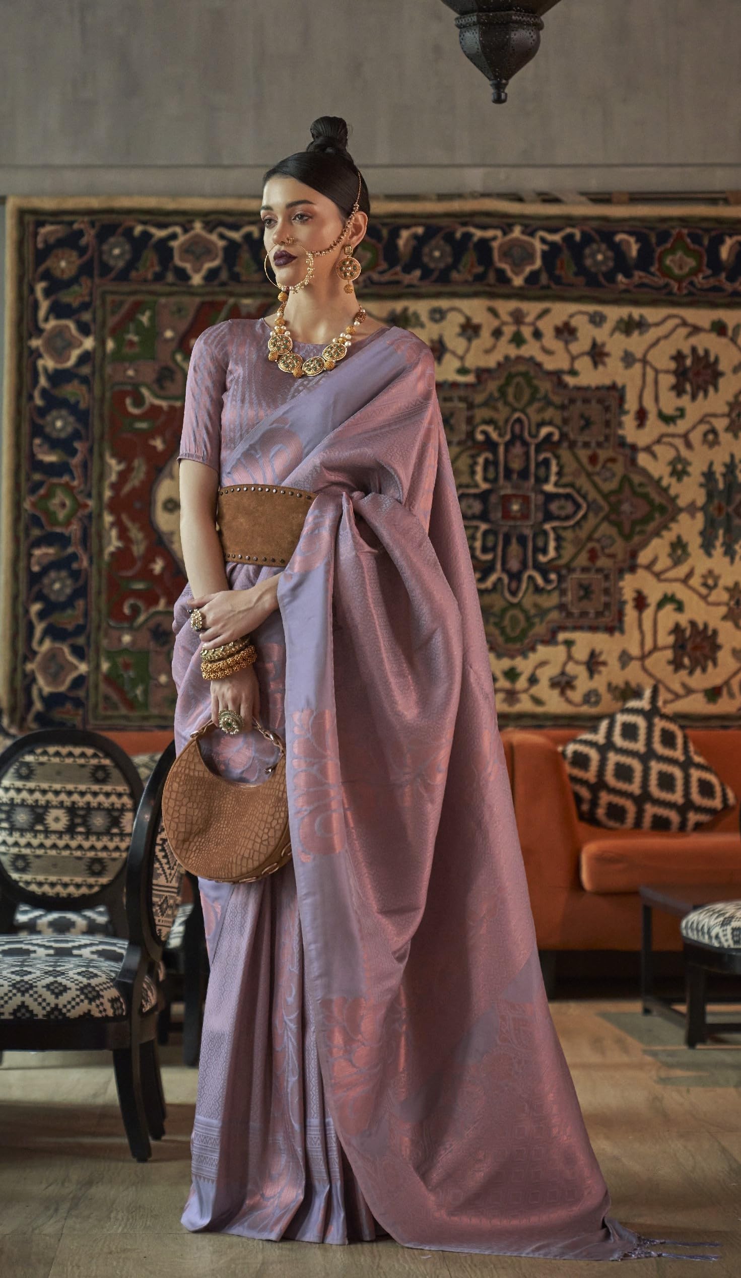 SWORNOF Kanjivaram Banarasi Silk Saree for Women - Purple - Image 2