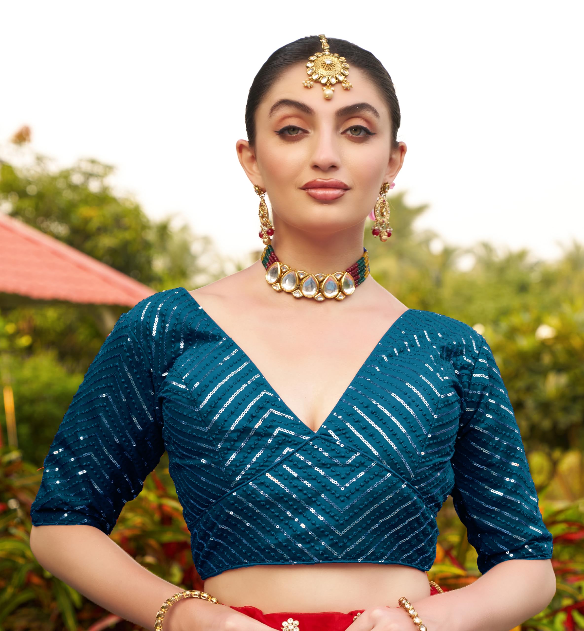 Pujia Mills Womens Sequins Saree Blouse - Morpeach - Image 3