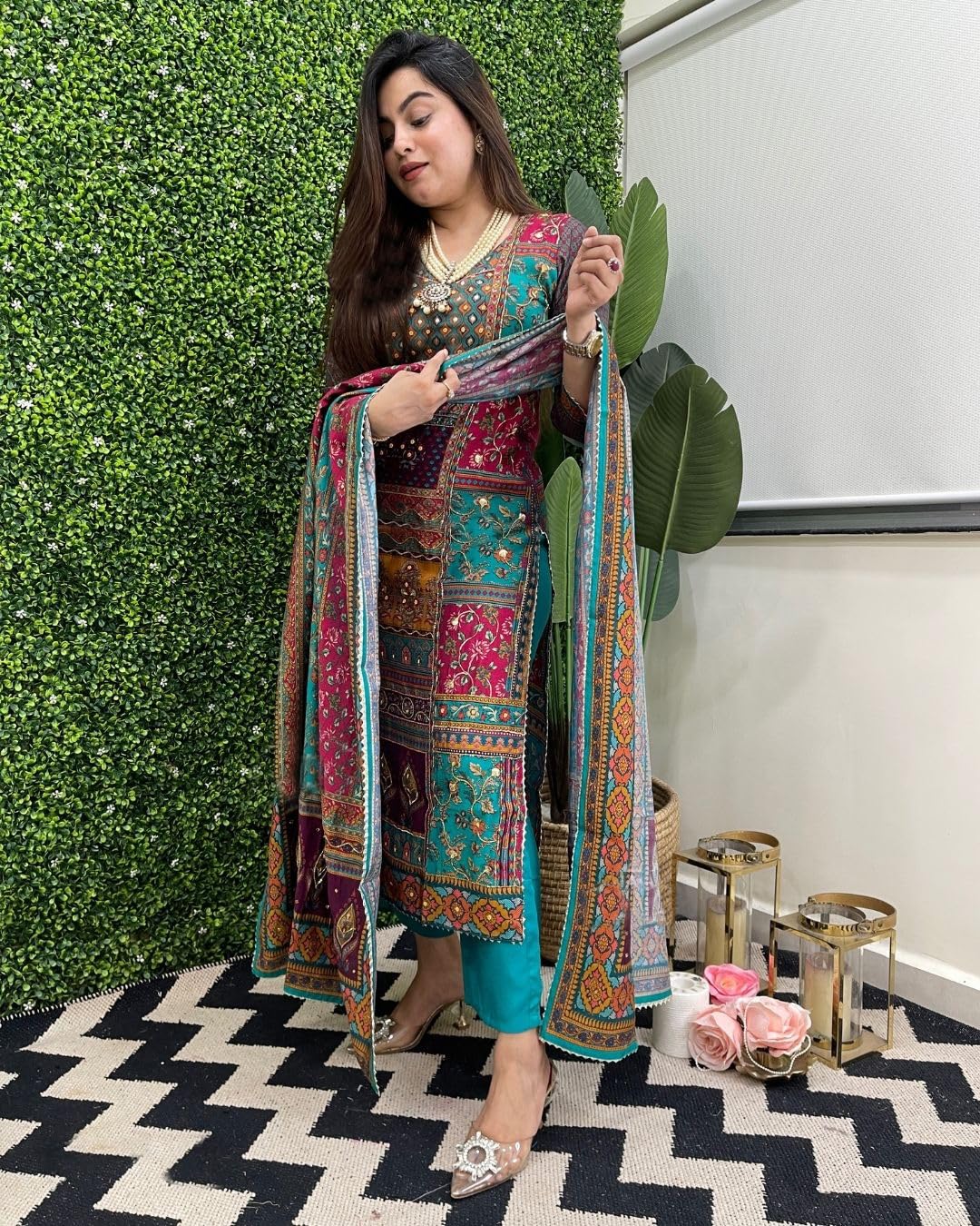 GoSriKi Women's Rayon Kurta with Pant & Dupatta - Sula Green - Image 4