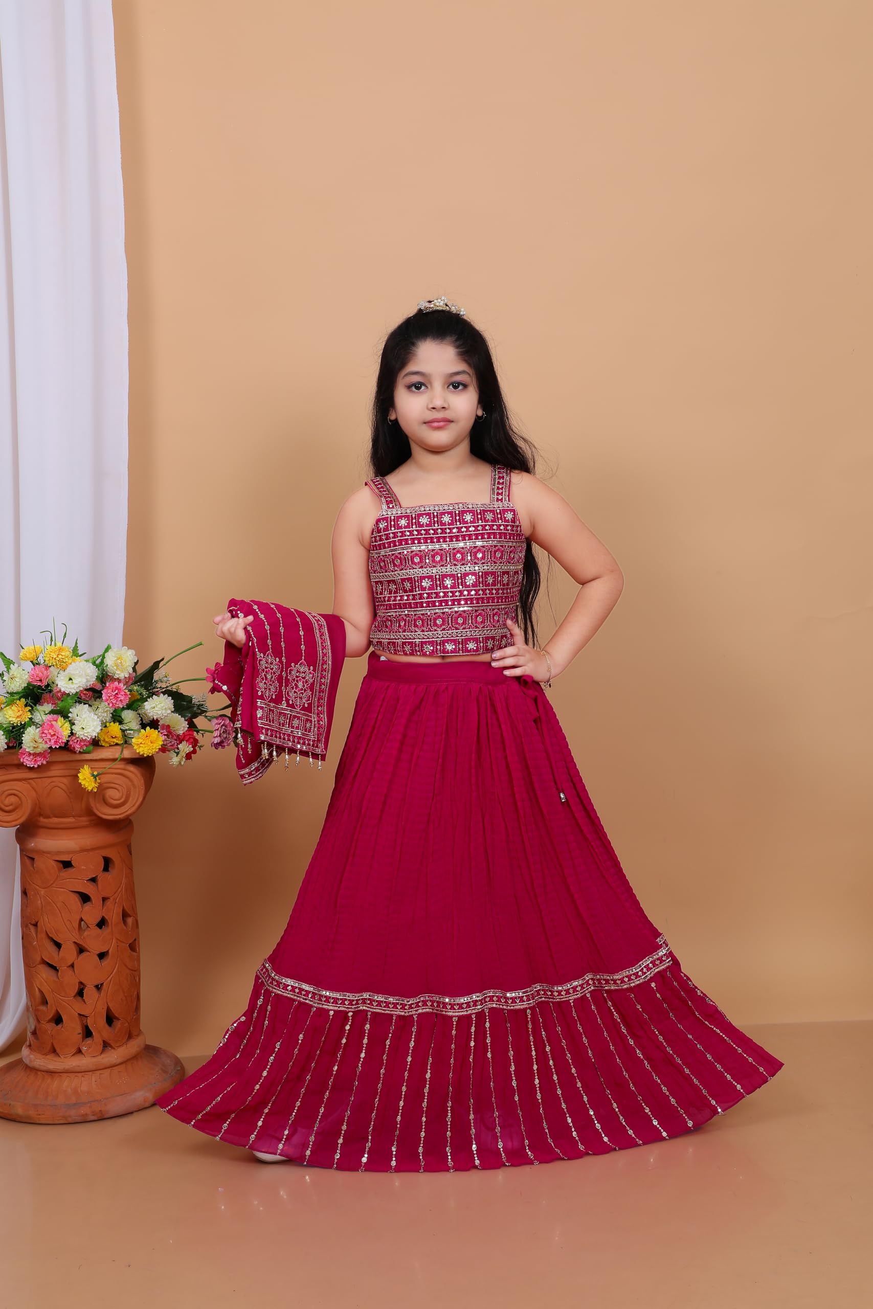 Magenta Kids Lehenga with Mirror Work - Image 2