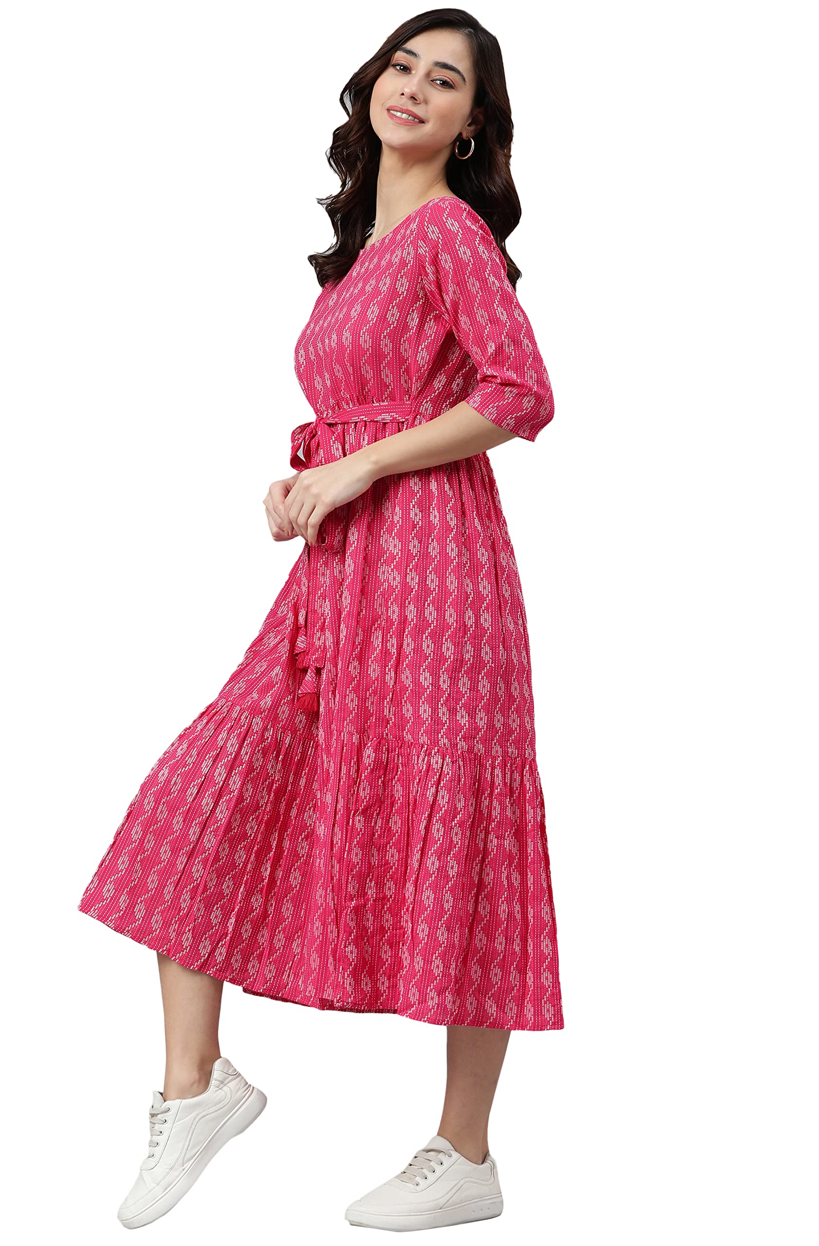 Janasya Women's Pink Cotton Tiered Dress - Image 3