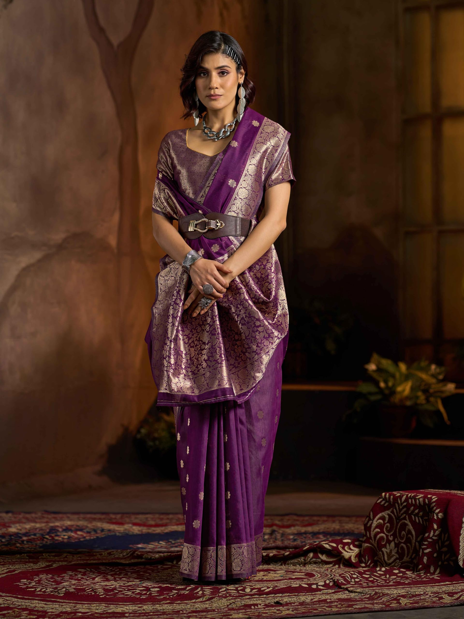 SWORNOF Womens Linen Silk Saree - Image 3