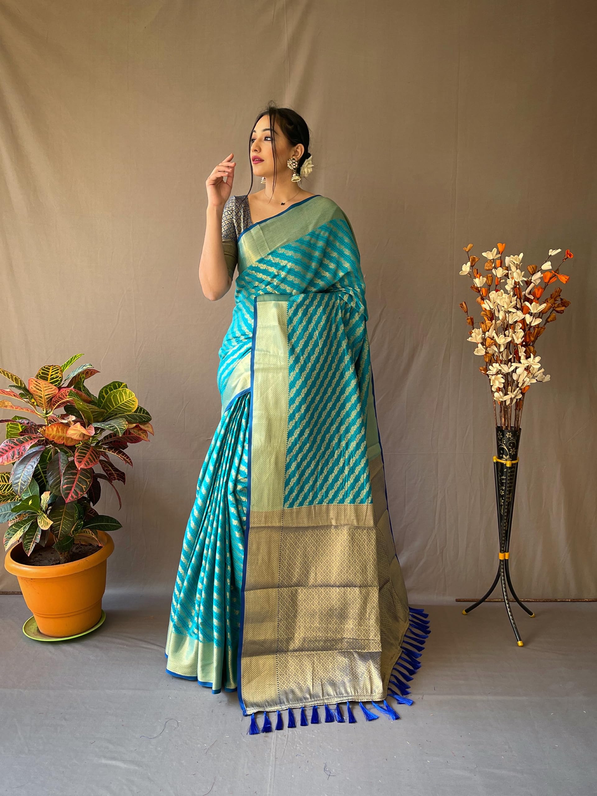 GarbGlide Women's Leriya Patola Banarasi Saree - Sky Blue - Image 2