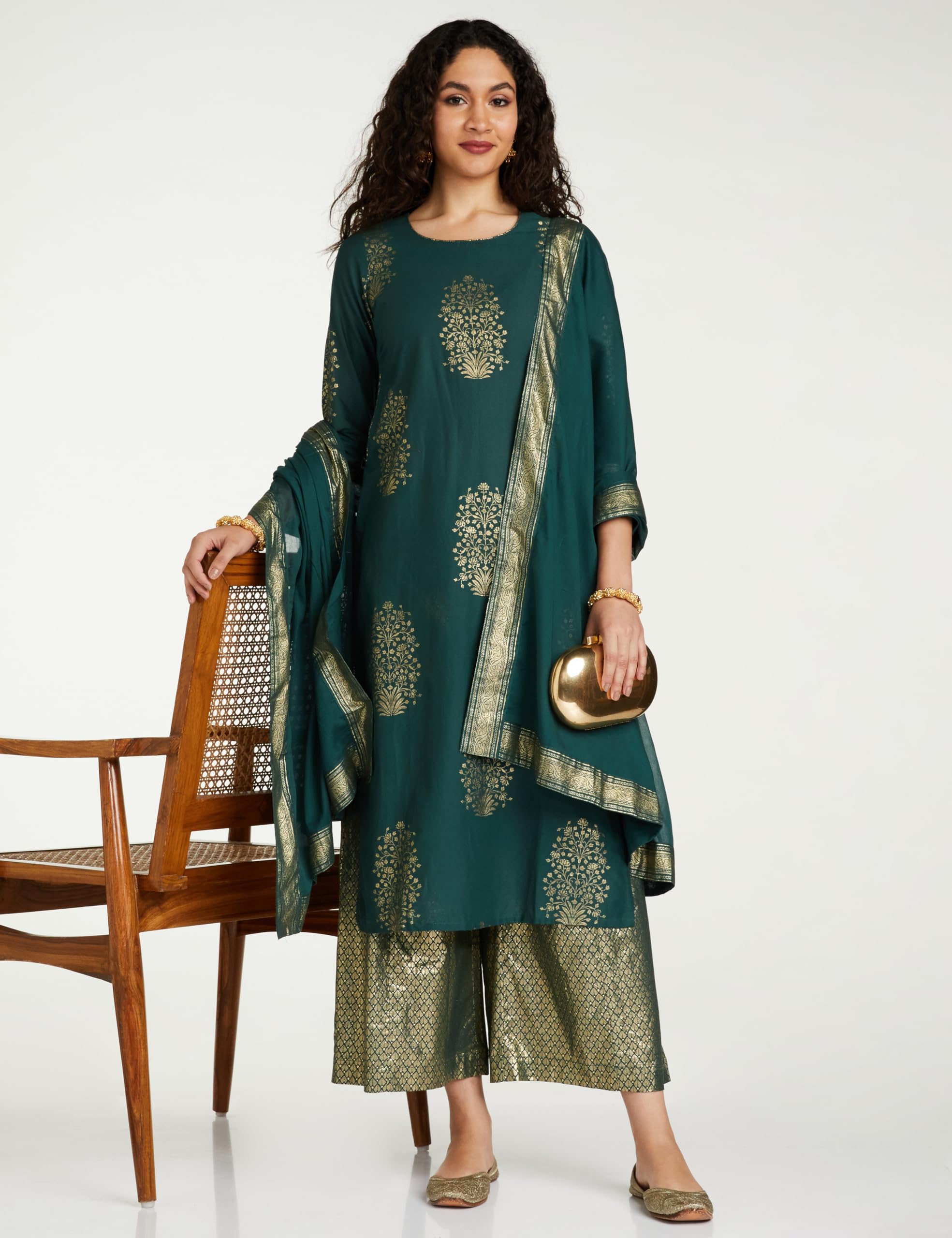 BIBA Women's Cotton Printed Salwar Kurta Dupatta - Green - Image 3