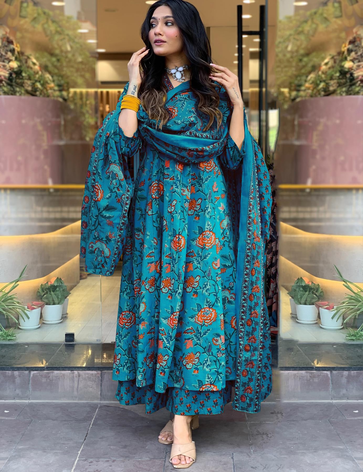 GoSriKi Women's Anarkali Kurta with Palazzo & Dupatta - Sky Blue - Image 4