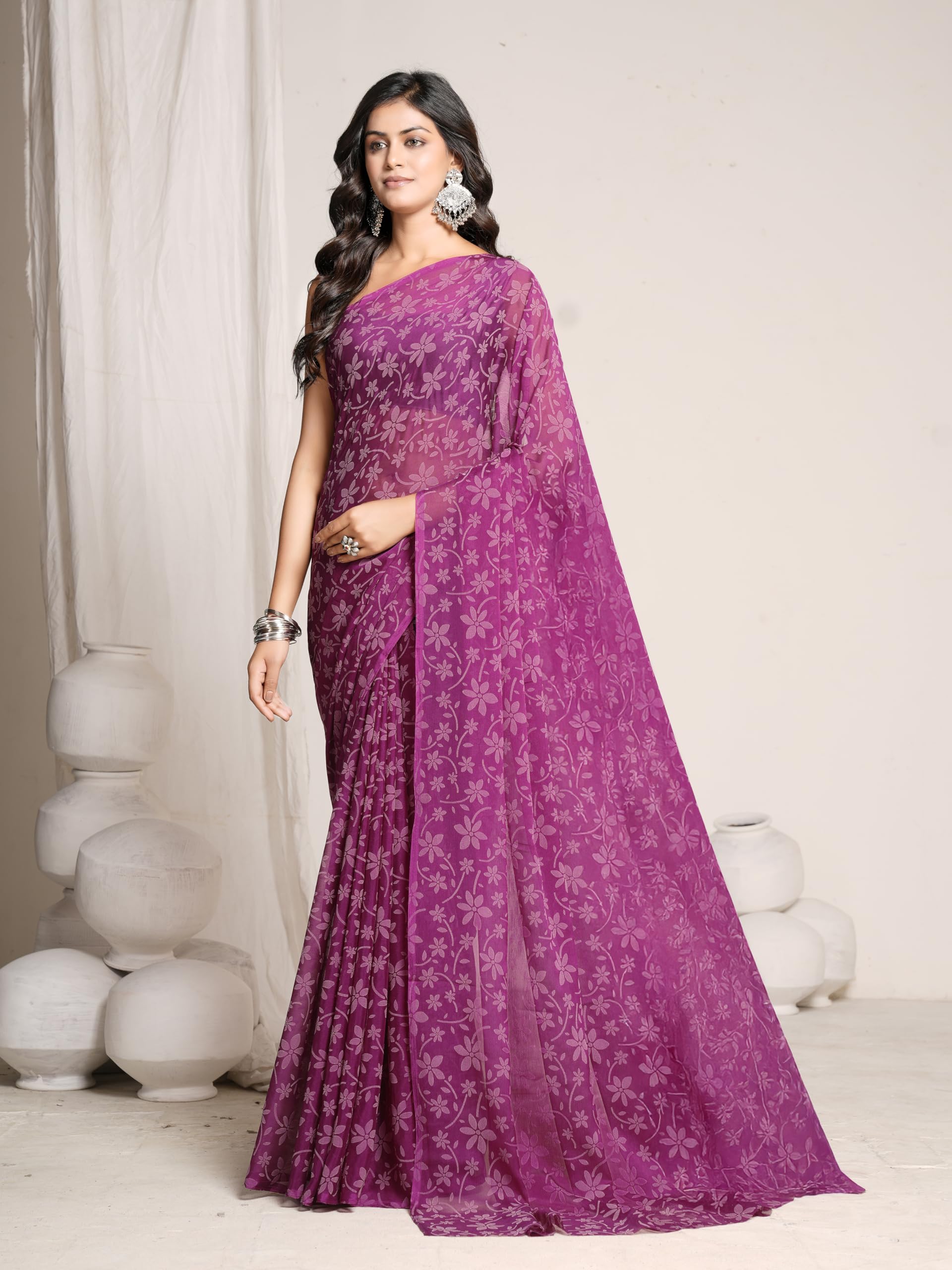 Garden Vareli Chiffon Viscose Floral Saree - Magenta - Image 5