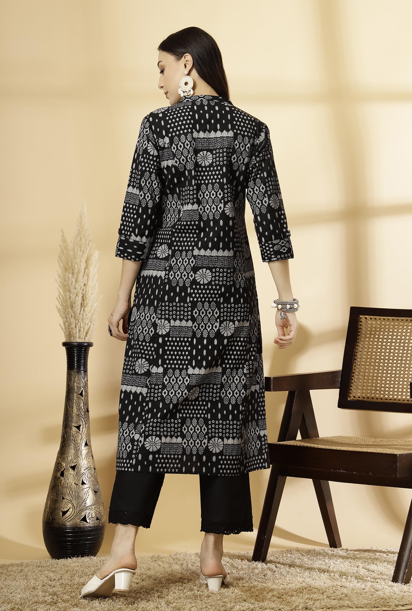 Pistaa Women's Cotton Floral Print A-Line Kurta - Ink Black - Image 5