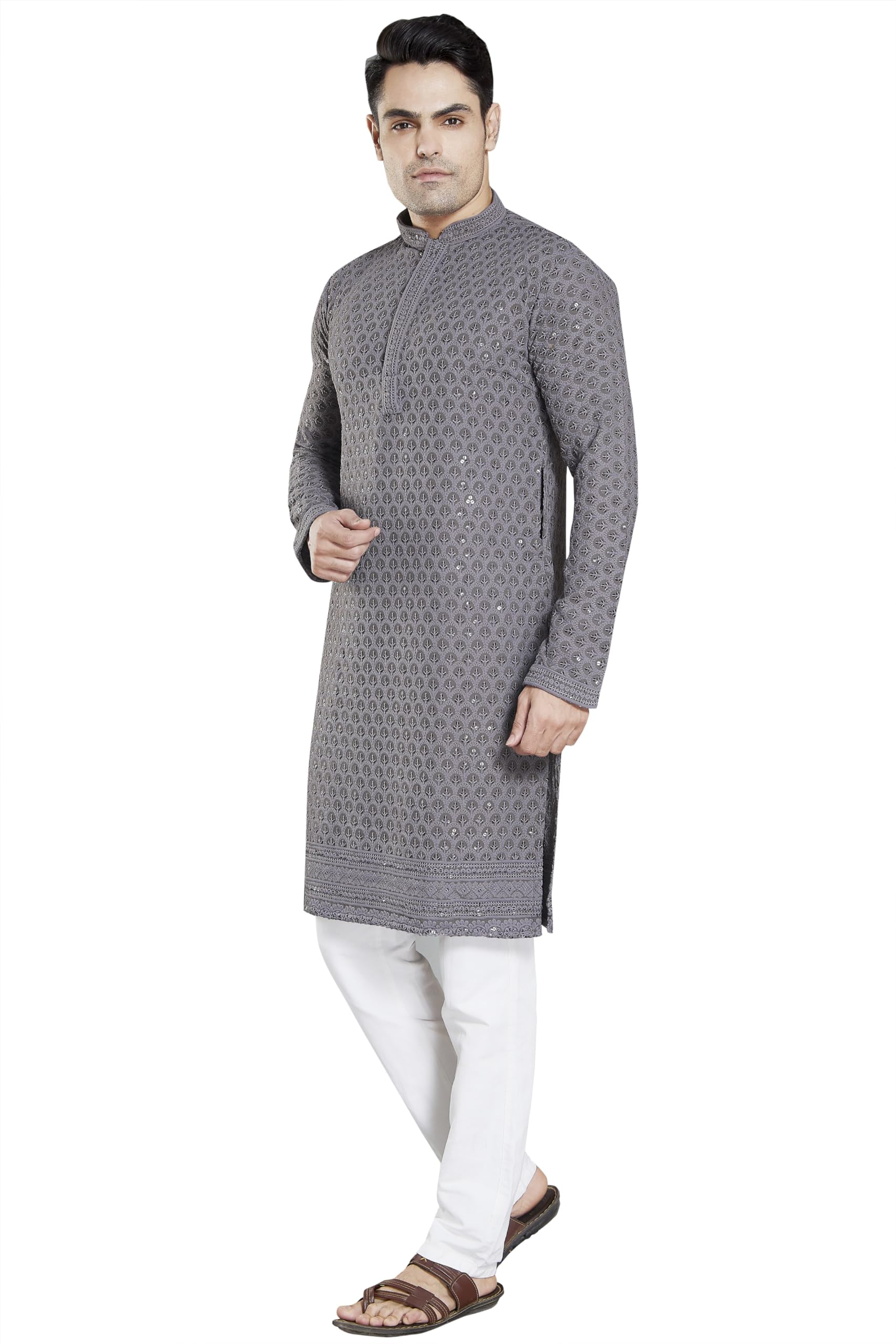 DIVISIVE Men's Charcoal Grey Sequined Kurta Pyjama - Image 3