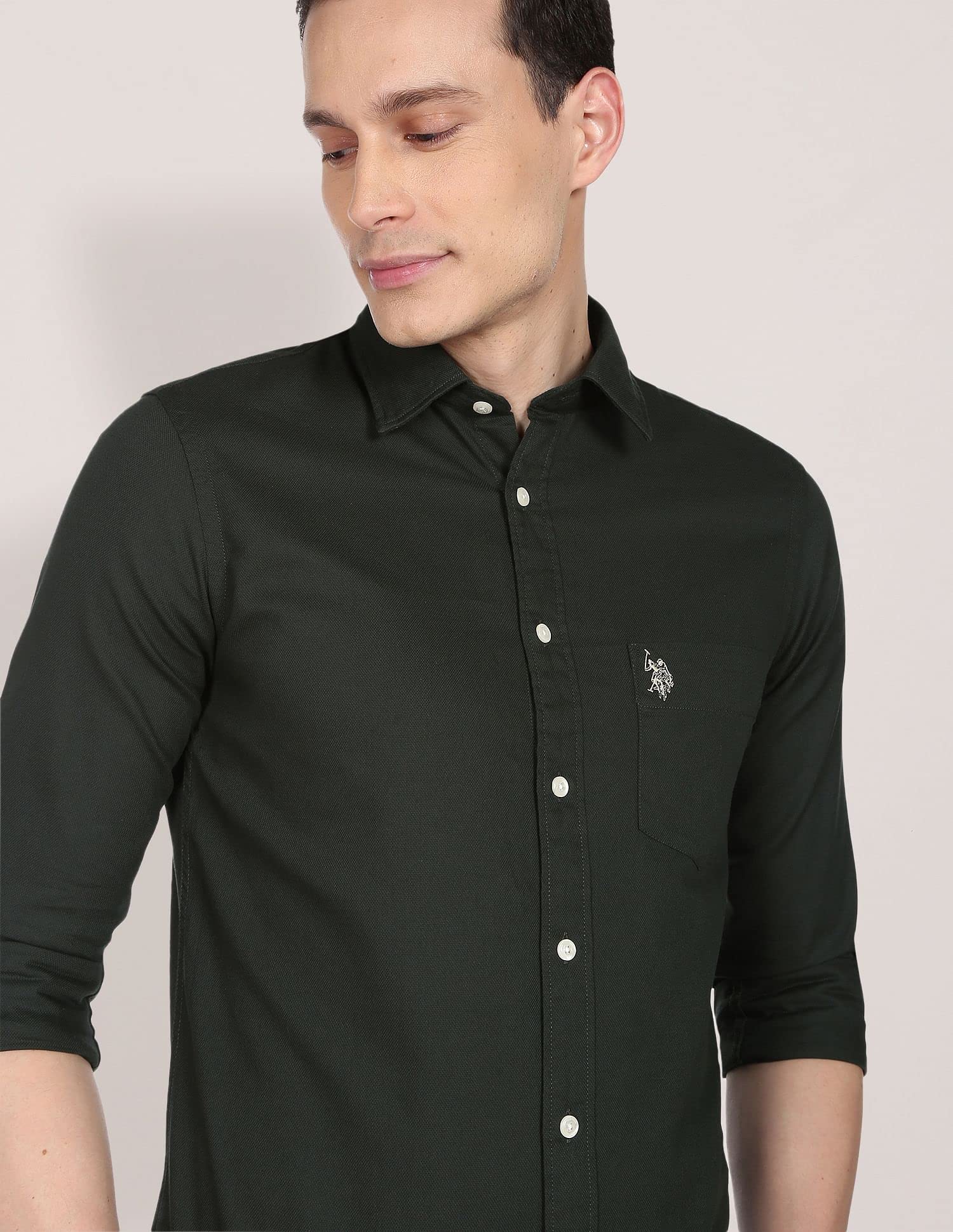 U. S. POLO ASSN. Men's Cotton Solid Shirt - Dark Green - Image 2