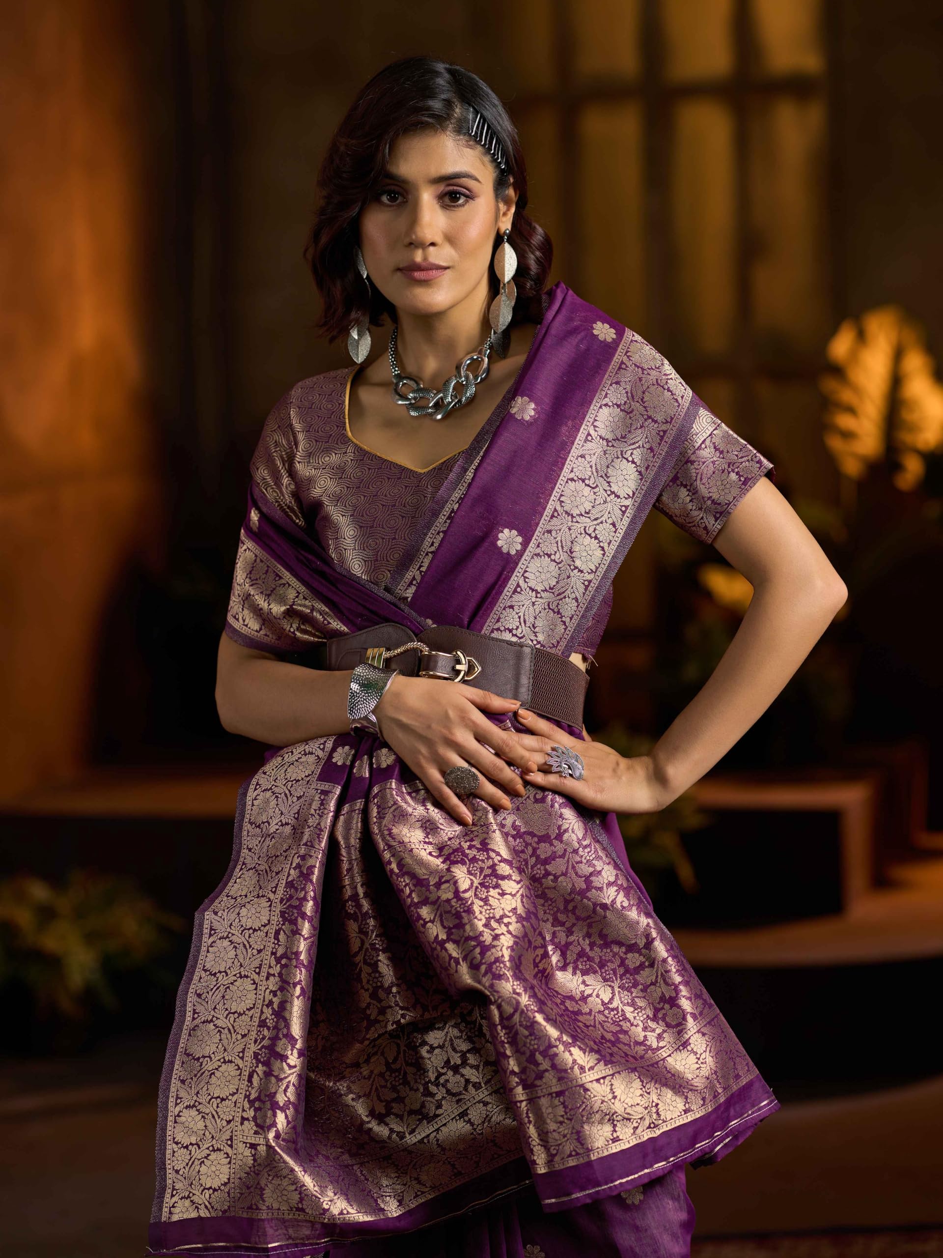 SWORNOF Womens Linen Silk Saree - Image 5