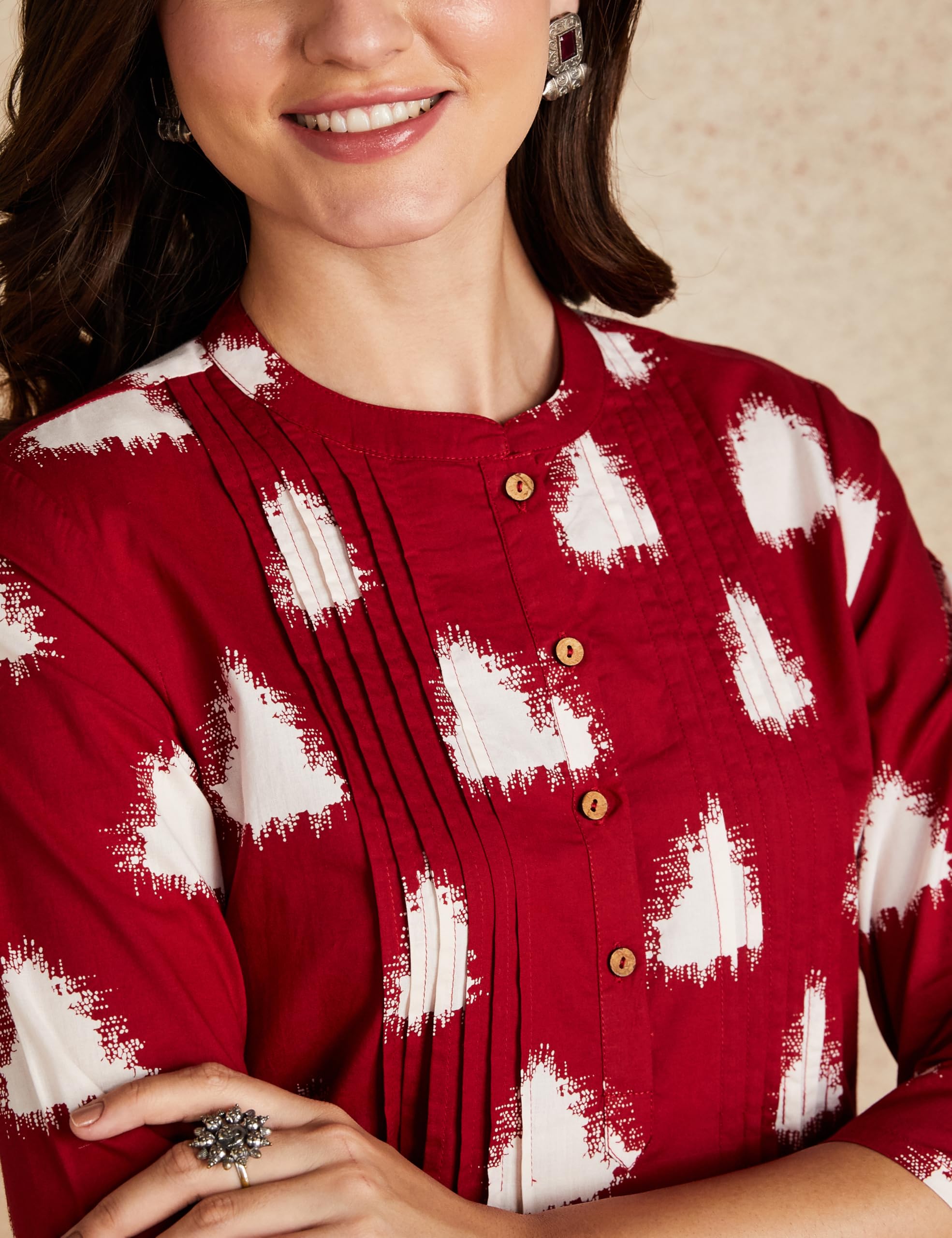 Myx Red Triangle Printed Cotton A-Line Kurti for Women - Image 4