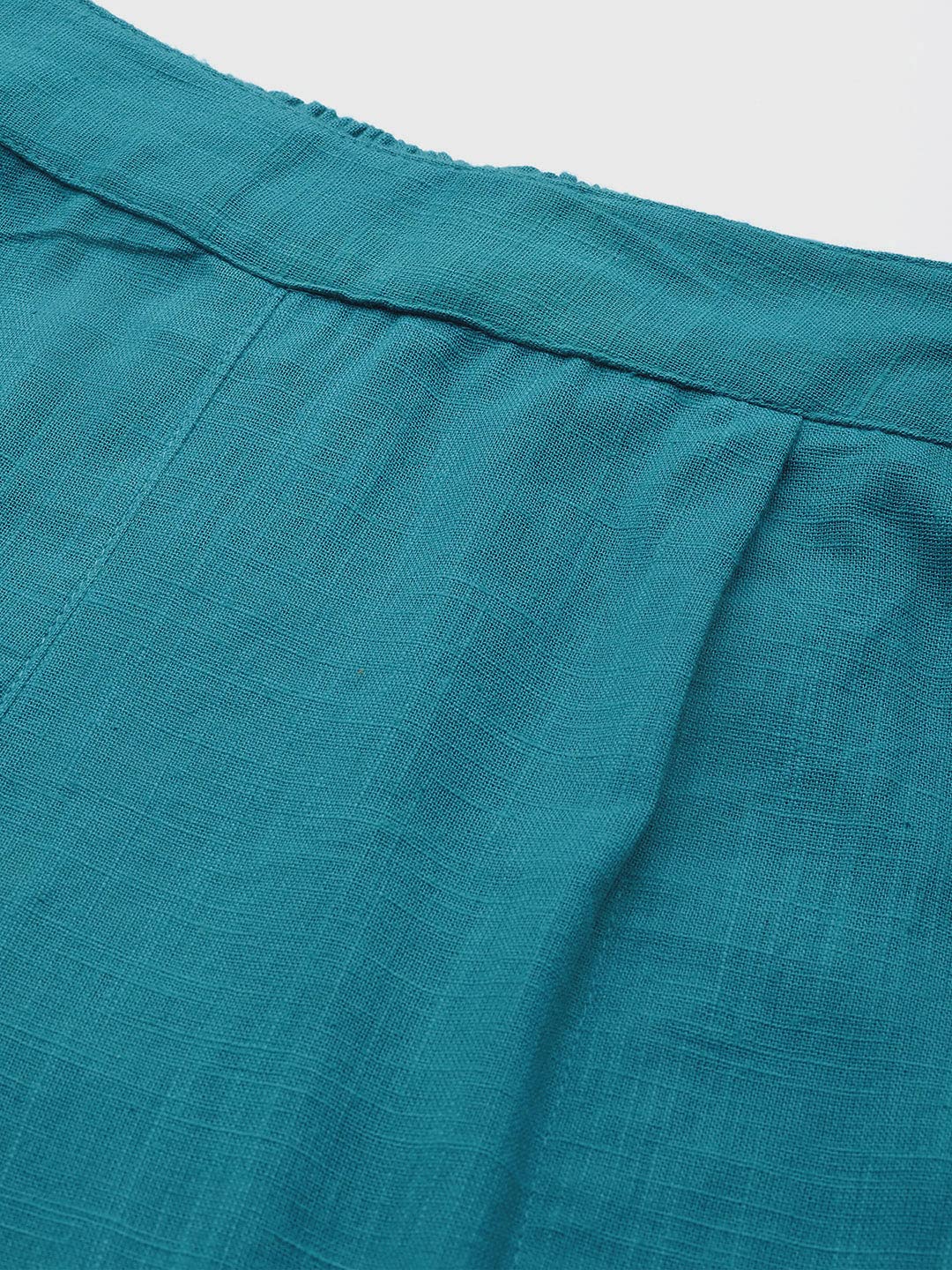 Teal Blue Cotton Slub Straight Trousers for Women - Image 5