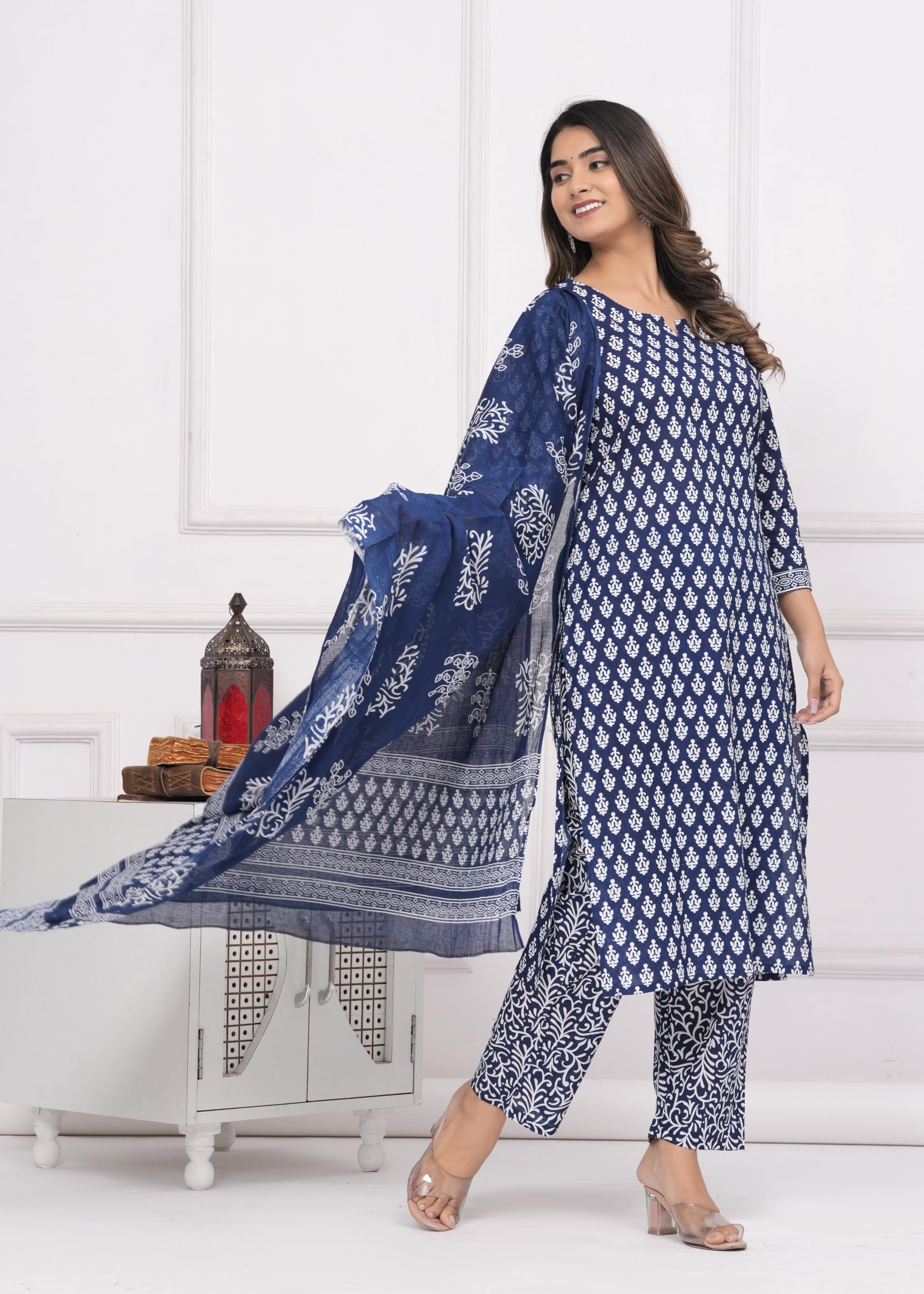 MEERA FAB Blue Cotton Printed Kurta Set for Women - Image 3