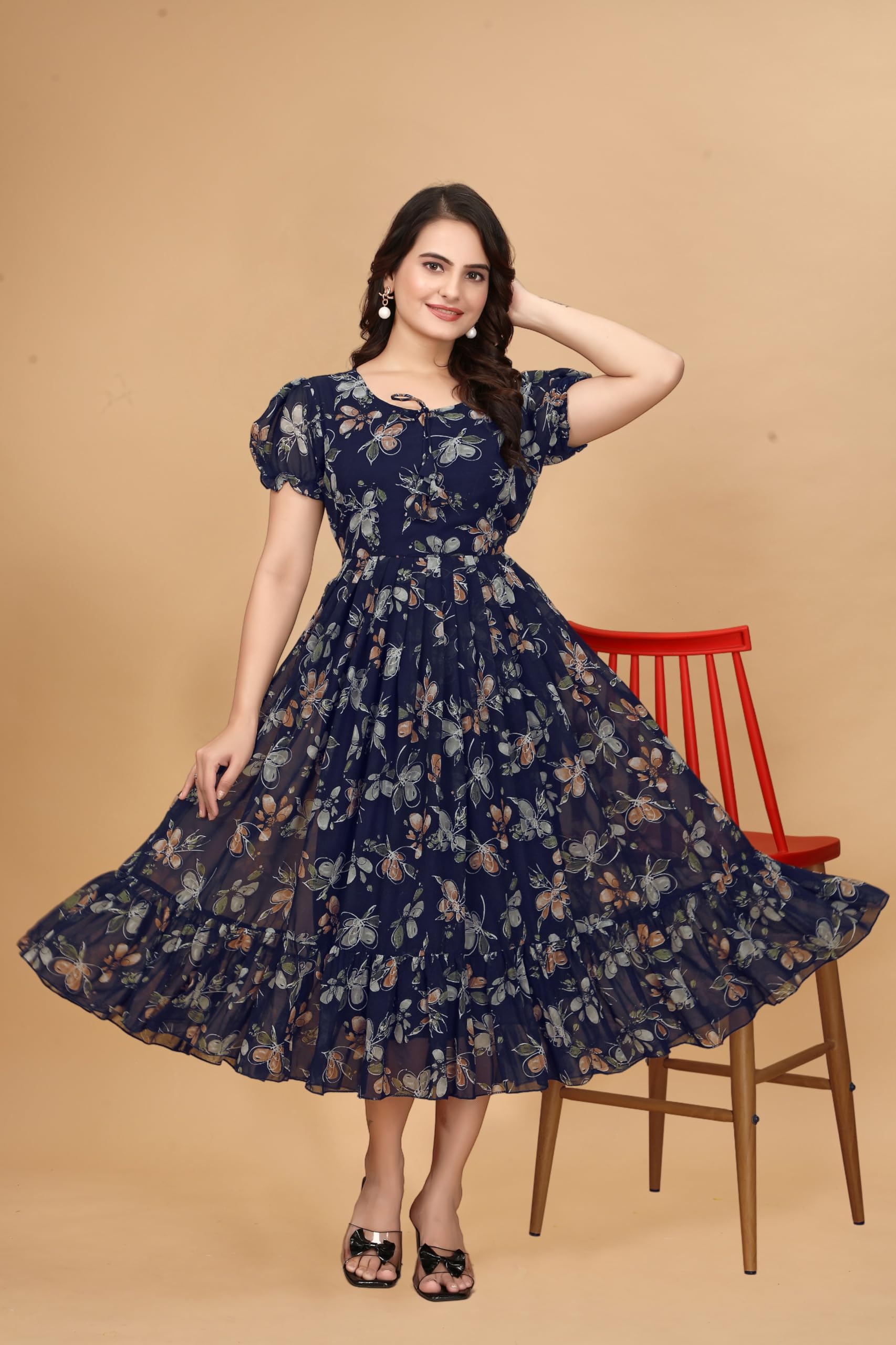 GarbGlide Women's Georgette Floral Maxi Dress - Navy Blue - Image 3