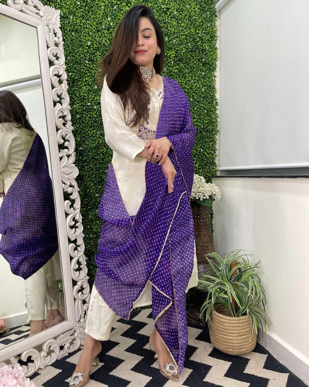 GoSriKi Women's Rayon Viscose Kurta with Pant & Dupatta - White - Image 2