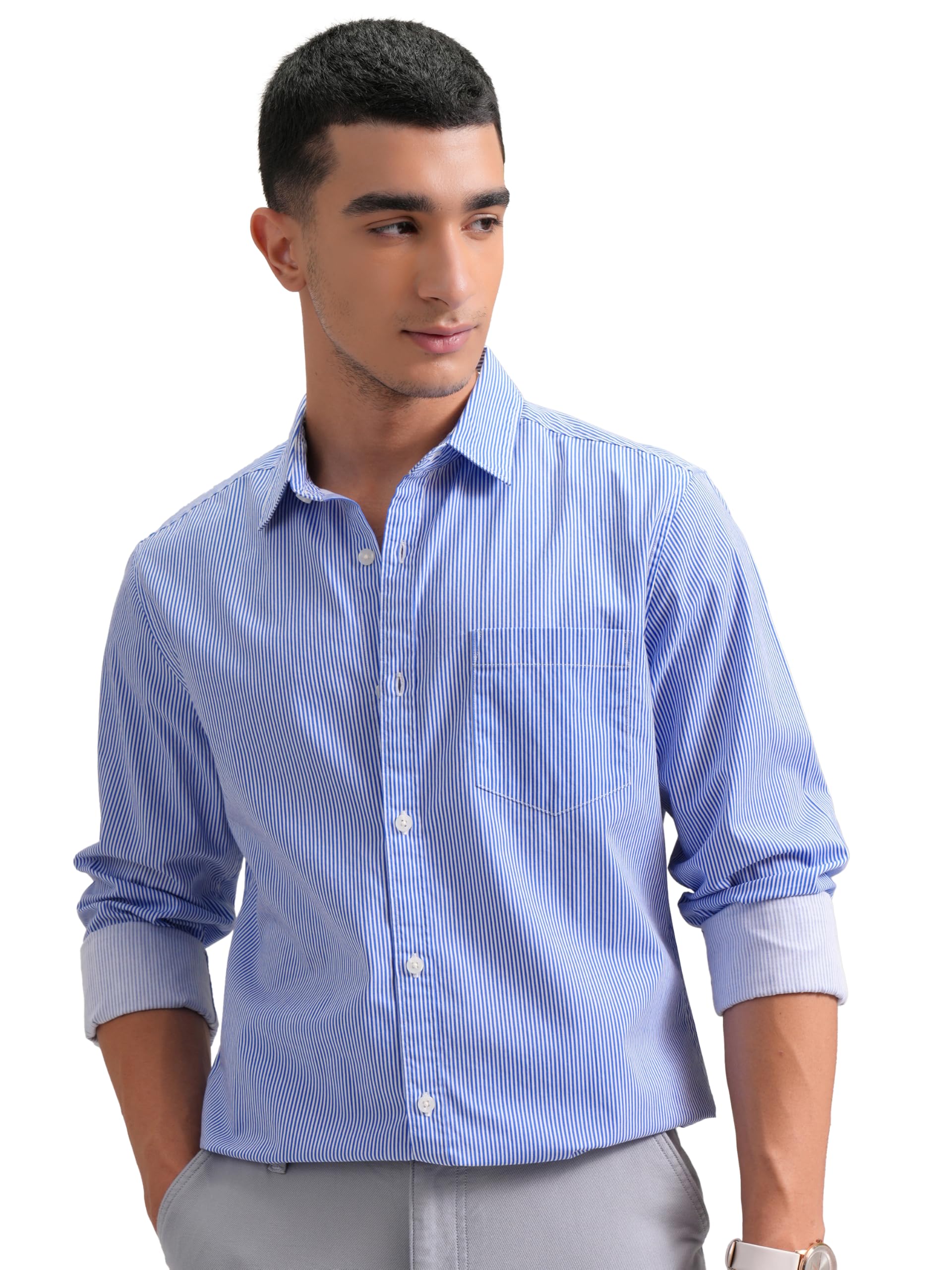 Highlander Men's Formal Shirt - White Indigo Striped