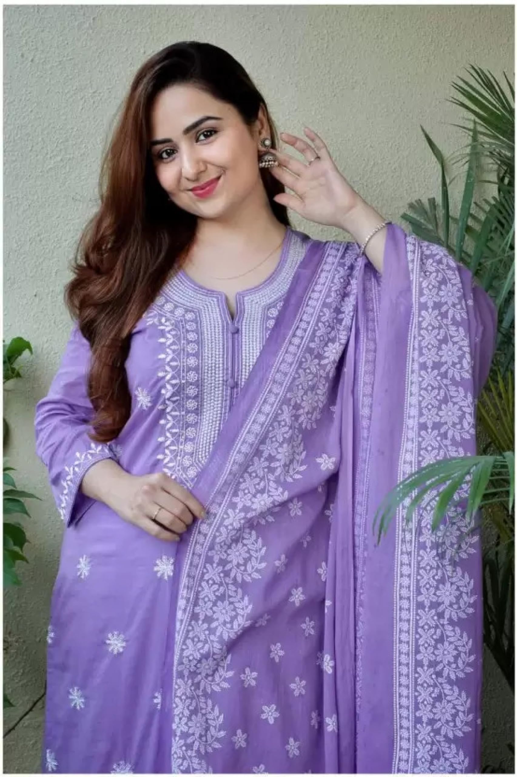 BHARVITA Women's Chikankari Kurta Dupatta Pant Set - Violet - Image 5