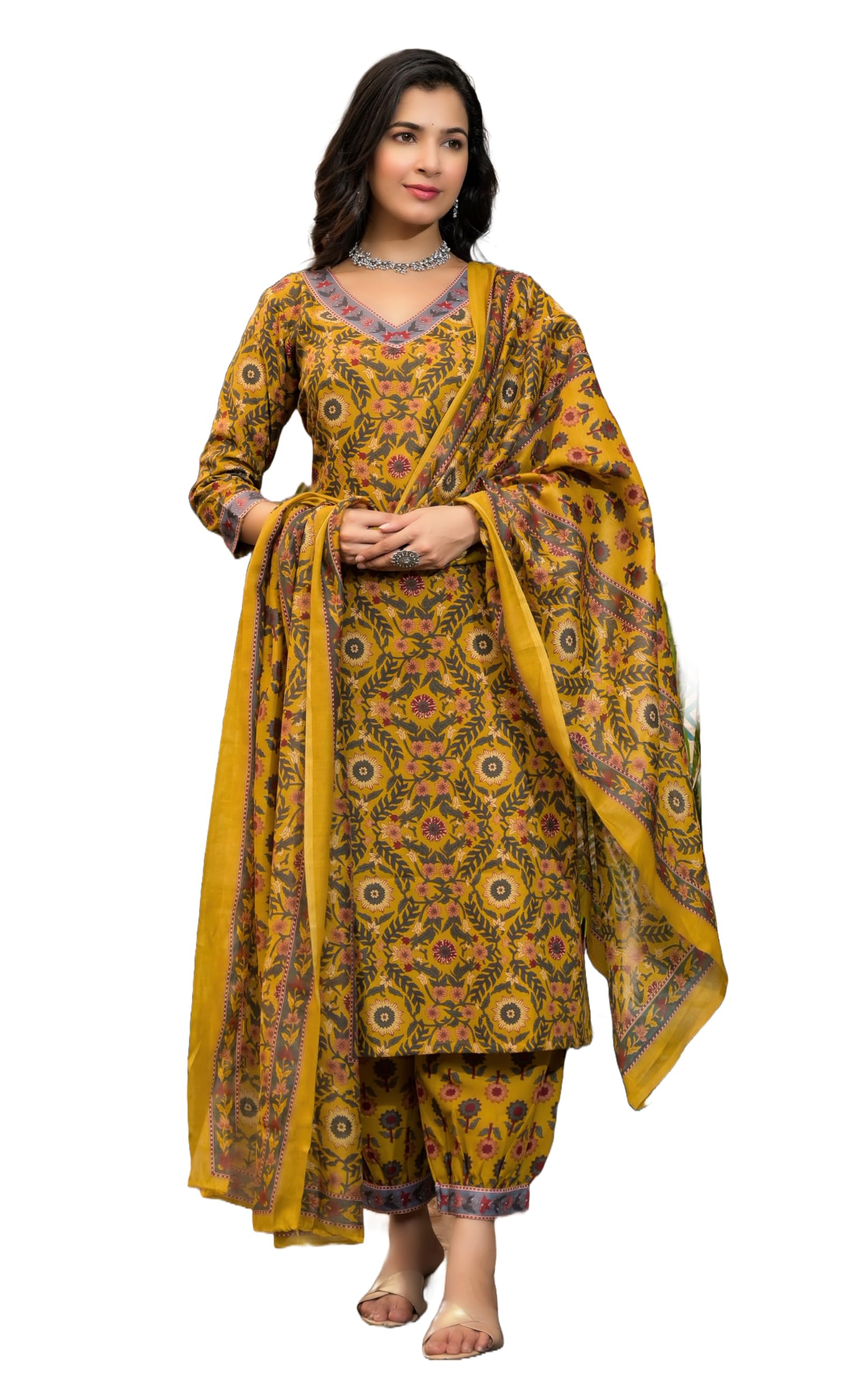 KLOSIA Yellow Floral Kurta Pant Set with Dupatta