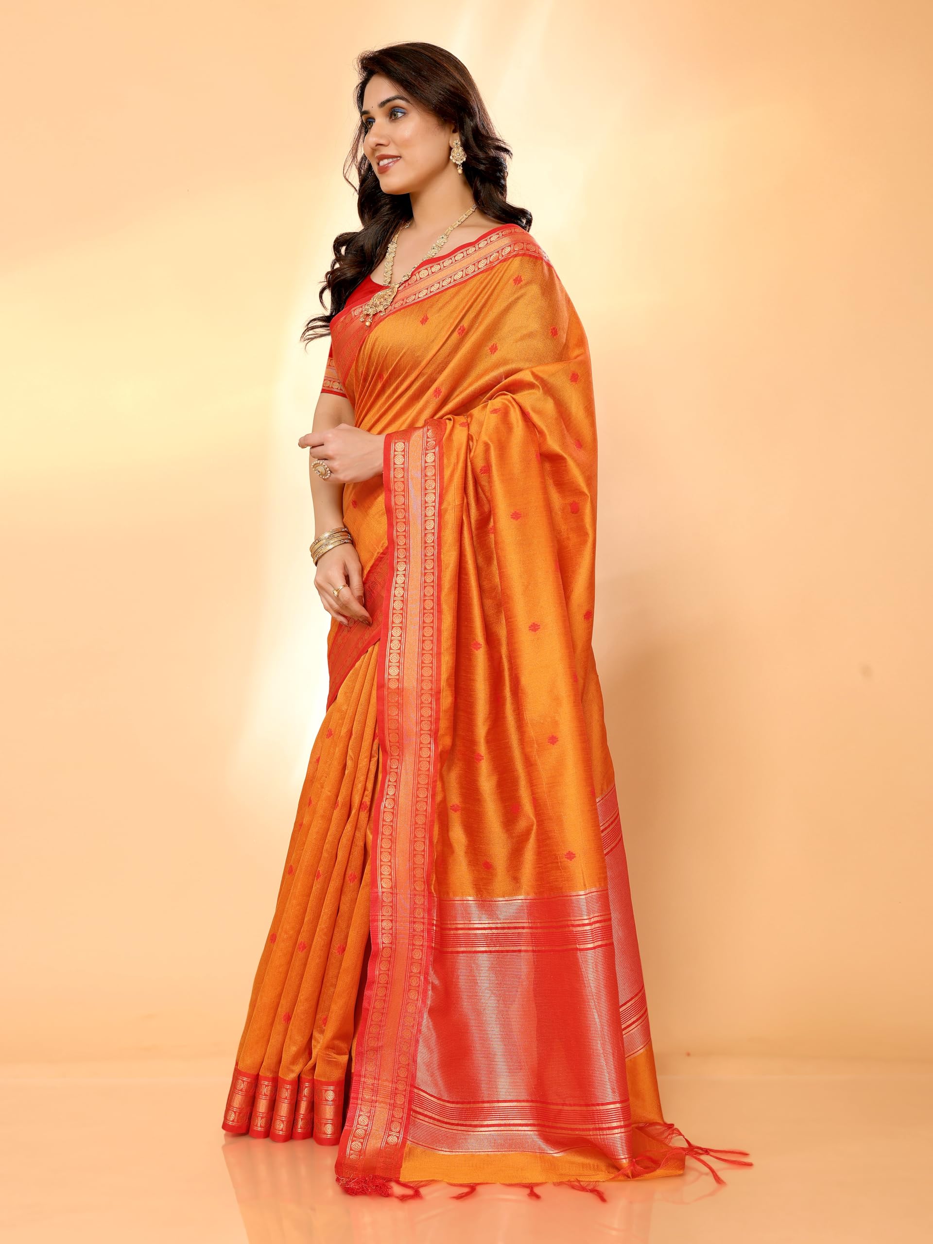 Sidhidata Women's Cotton Silk Jacquard Saree - Kalyani Orange - Image 5