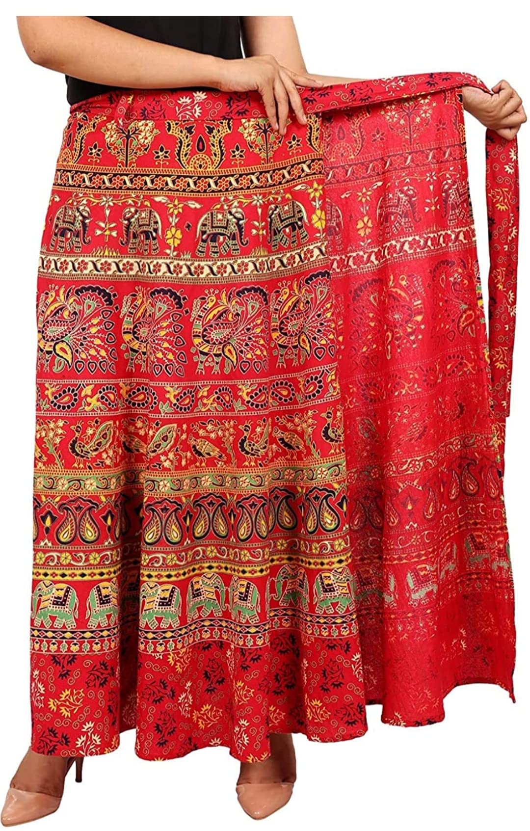 Sahaj Fashion Jaipuri Print Cotton Women Wrapskirt - Red