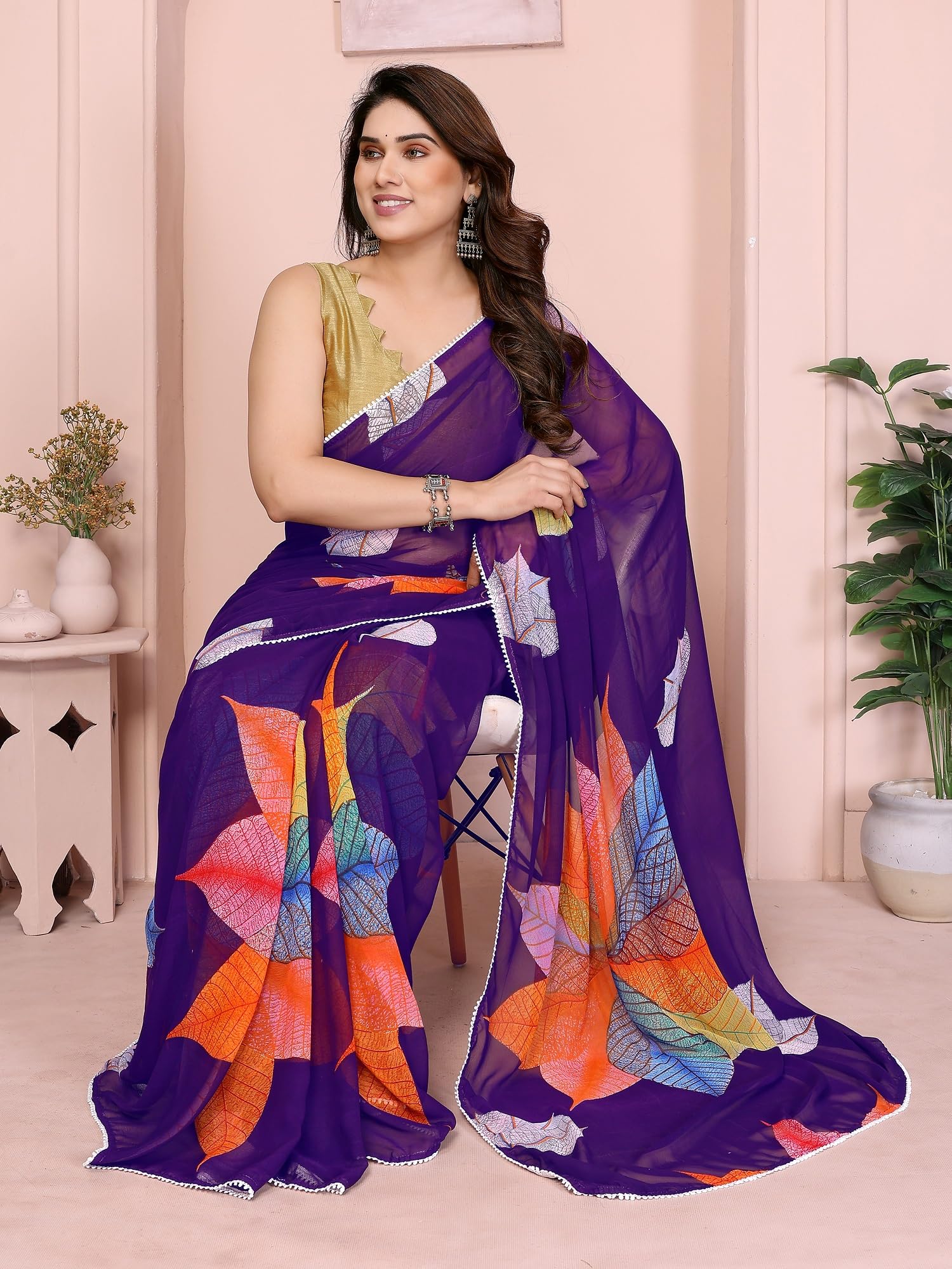 RAJESHWAR Georgette Saree for Women - Leaf Printed - Image 2